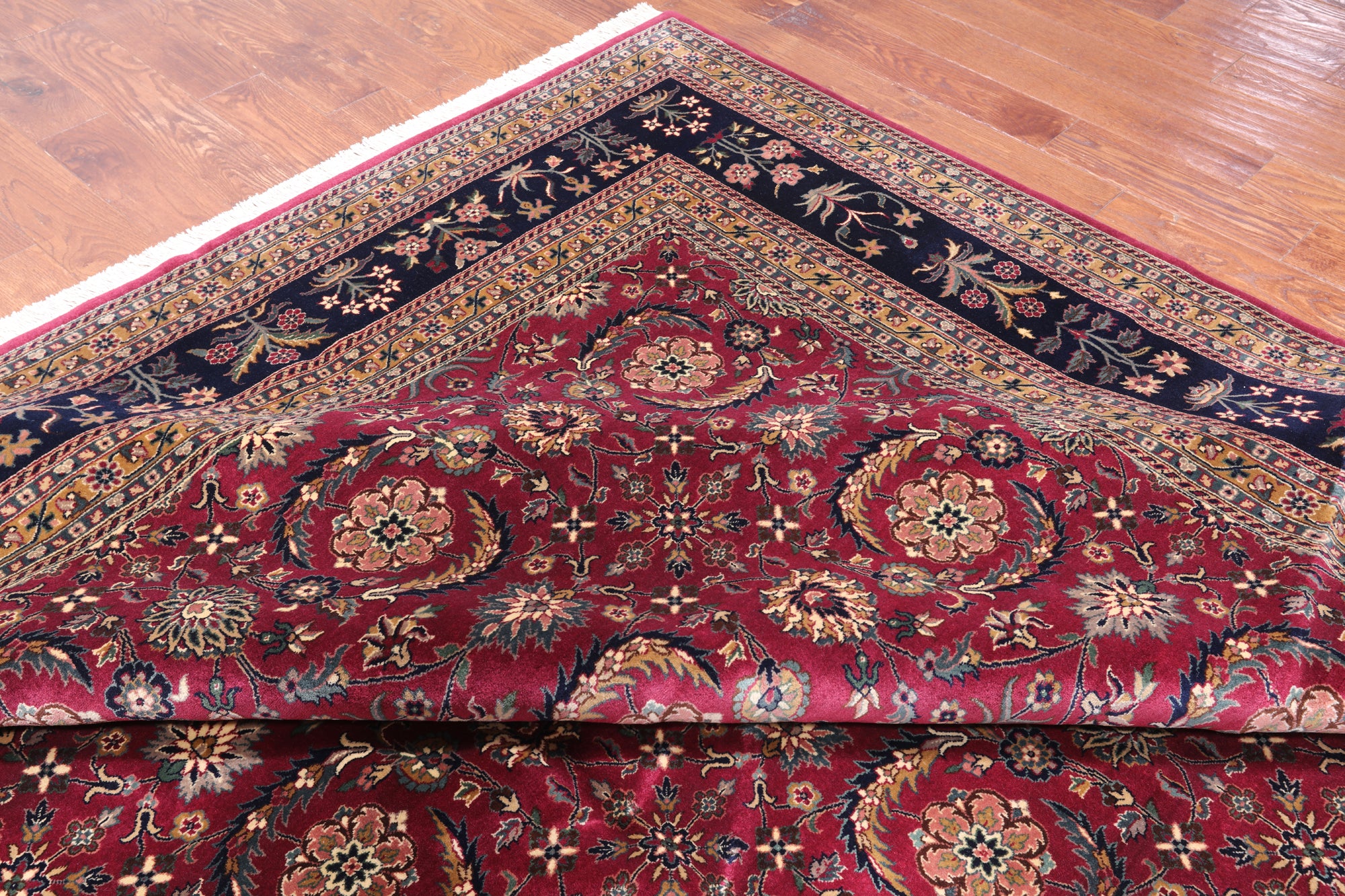 Wine/Navy Persian Fine Tabriz Hand-Knotted Wool Rug - 12' 3" X 14' 10"