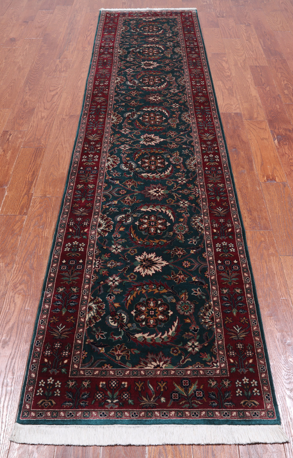 Emerald Green Persian Fine Tabriz Handmade Wool Runner Rug - 2' 6" X 10' 9"