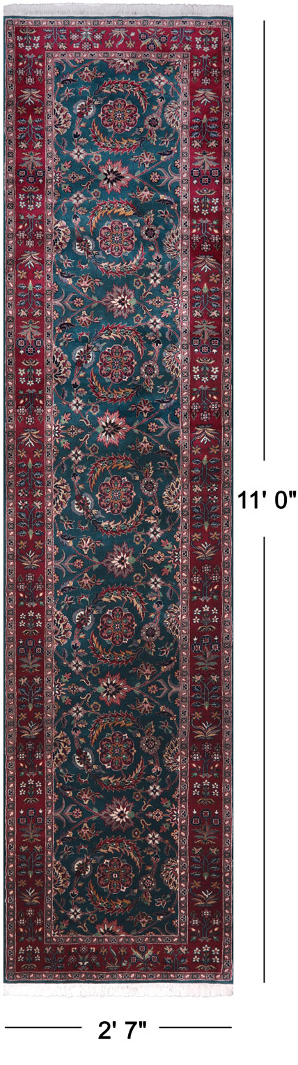 Emerald Green Persian Fine Tabriz Hand-Knotted Wool Runner Rug - 2' 7" X 11' 0"
