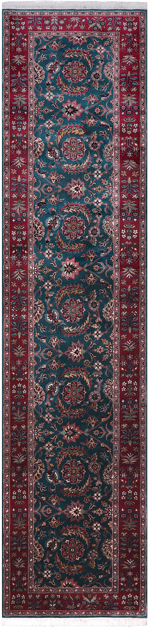 Emerald Green Persian Fine Tabriz Hand-Knotted Wool Runner Rug - 2' 7" X 11' 0"