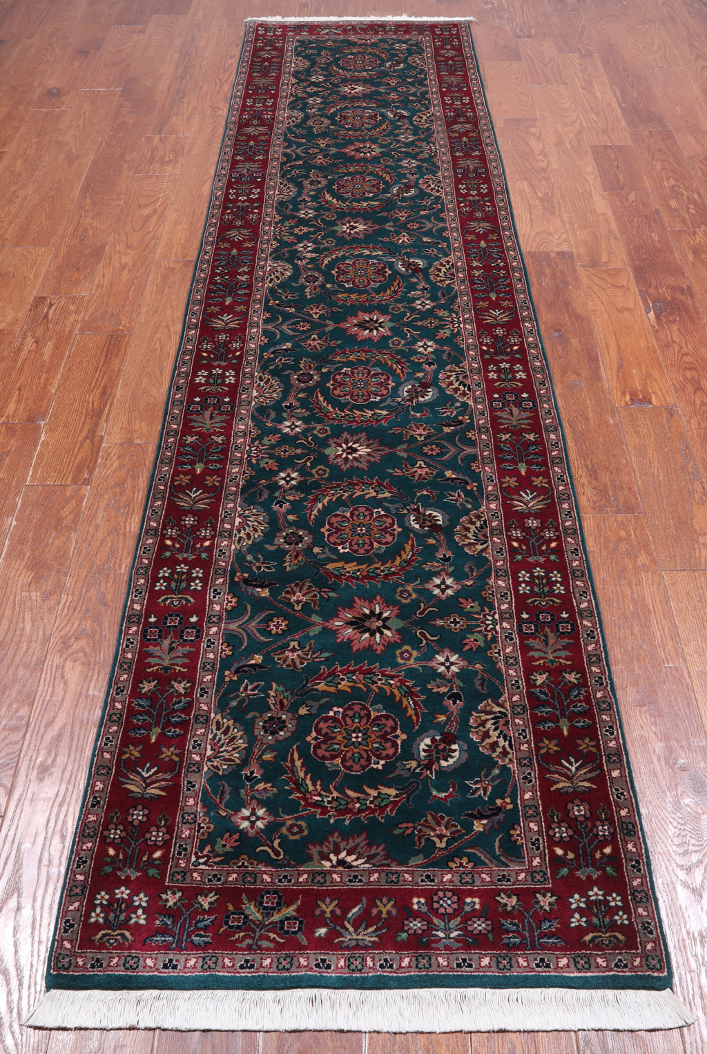 Emerald Green Persian Fine Tabriz Hand-Knotted Wool Runner Rug - 2' 7" X 11' 0"