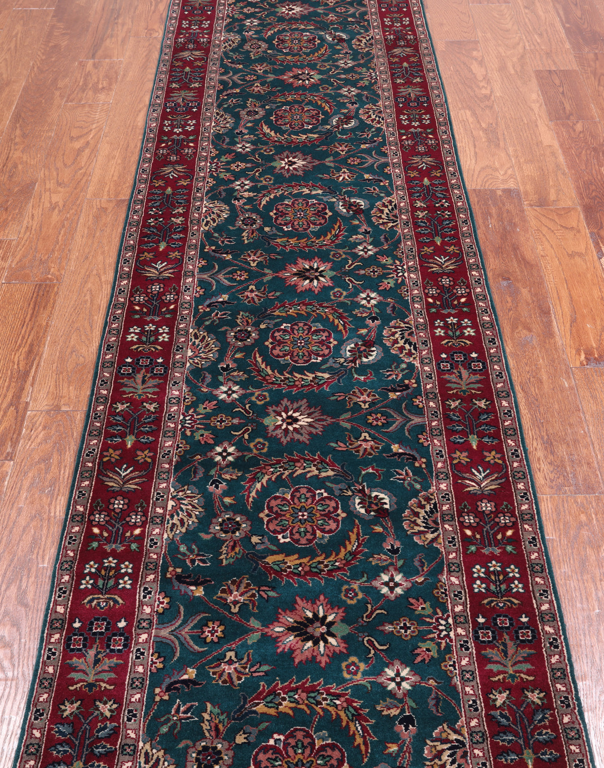Emerald Green Persian Fine Tabriz Hand-Knotted Wool Runner Rug - 2' 7" X 11' 0"