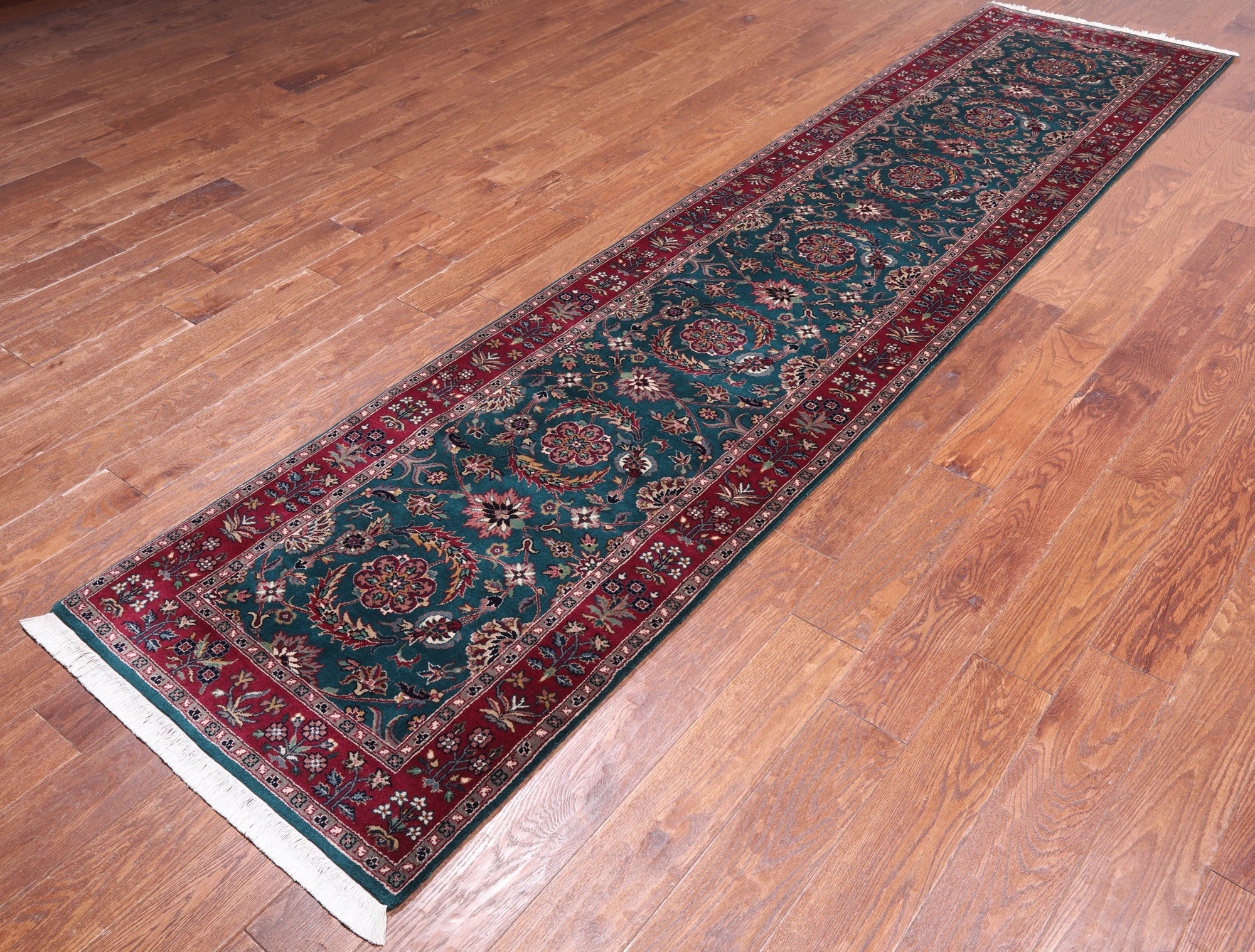 Emerald Green Persian Fine Tabriz Hand-Knotted Wool Runner Rug - 2' 7" X 11' 0"