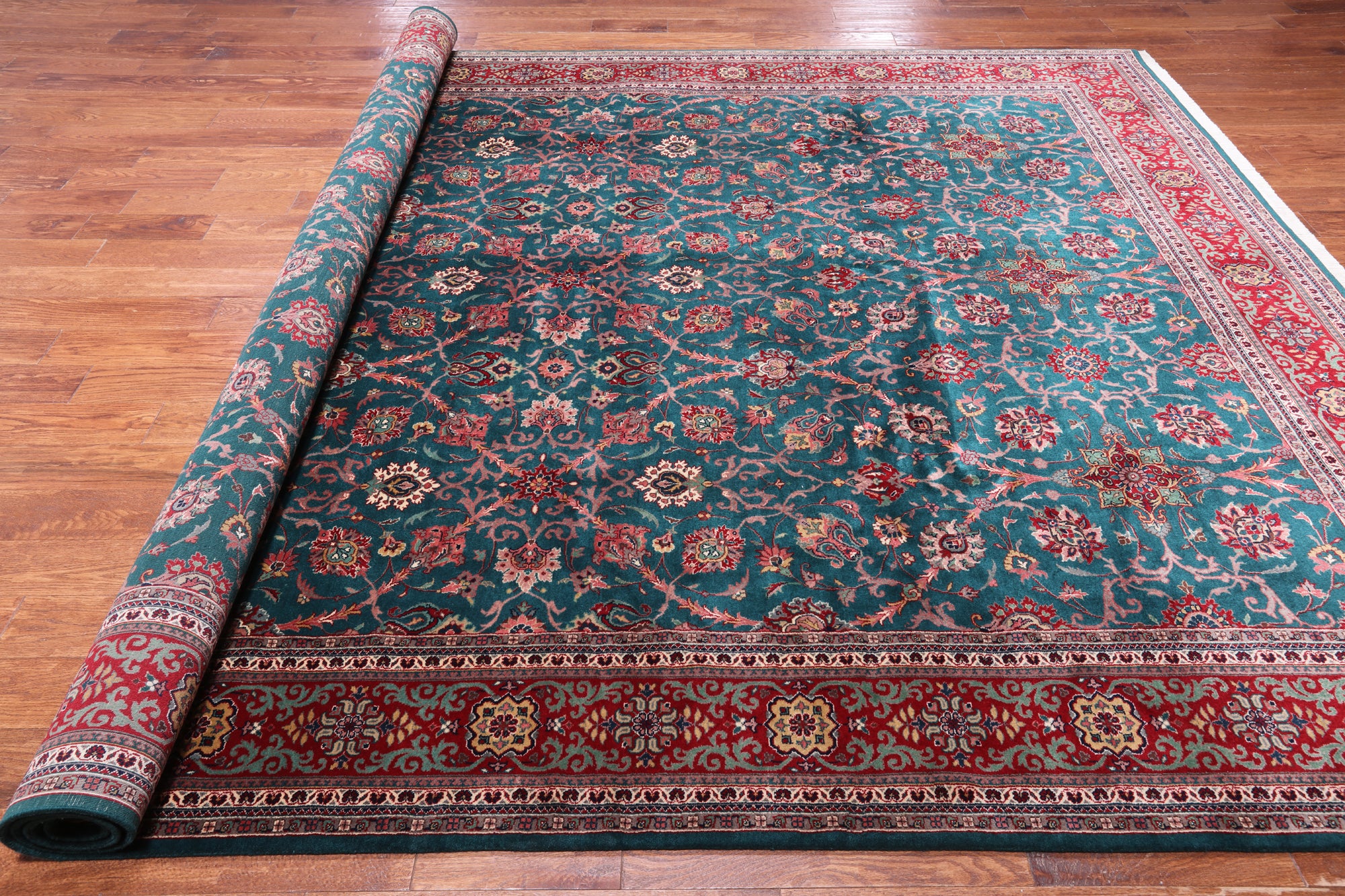 Emerald Green Persian Fine Tabriz Hand Knotted Wool Rug - 9' 4" X 12' 2"