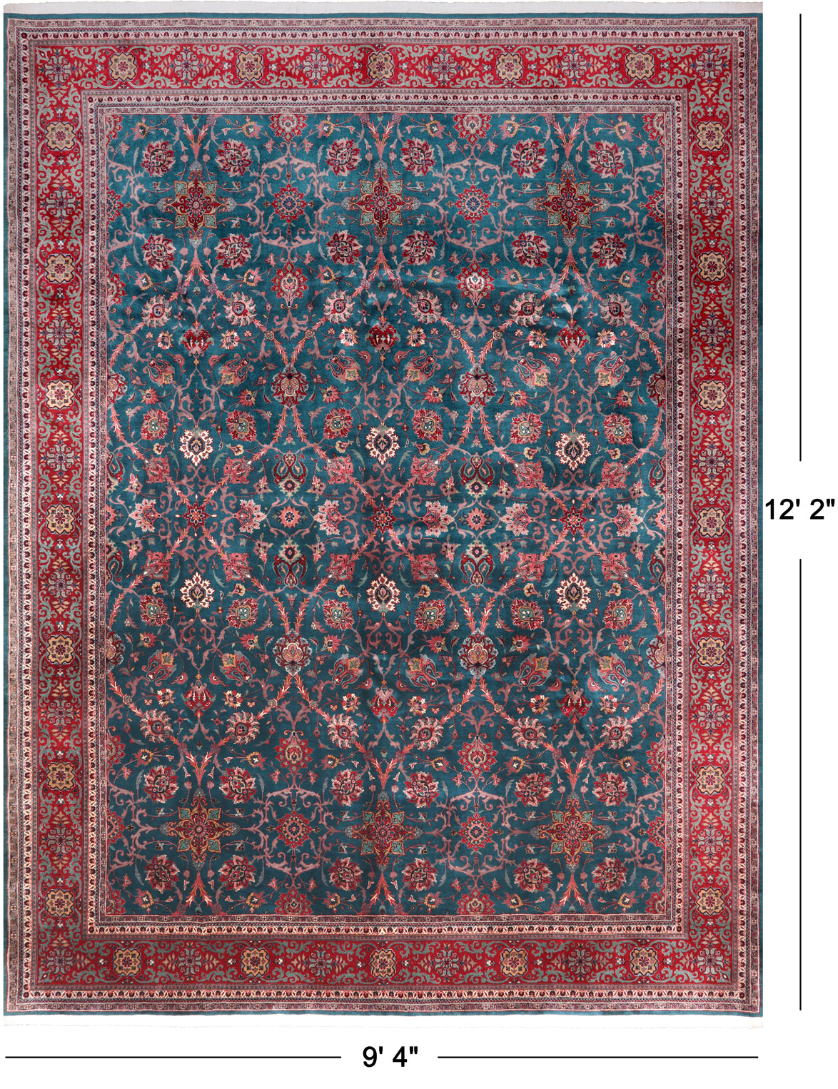 Emerald Green Persian Fine Tabriz Hand Knotted Wool Rug - 9' 4" X 12' 2"