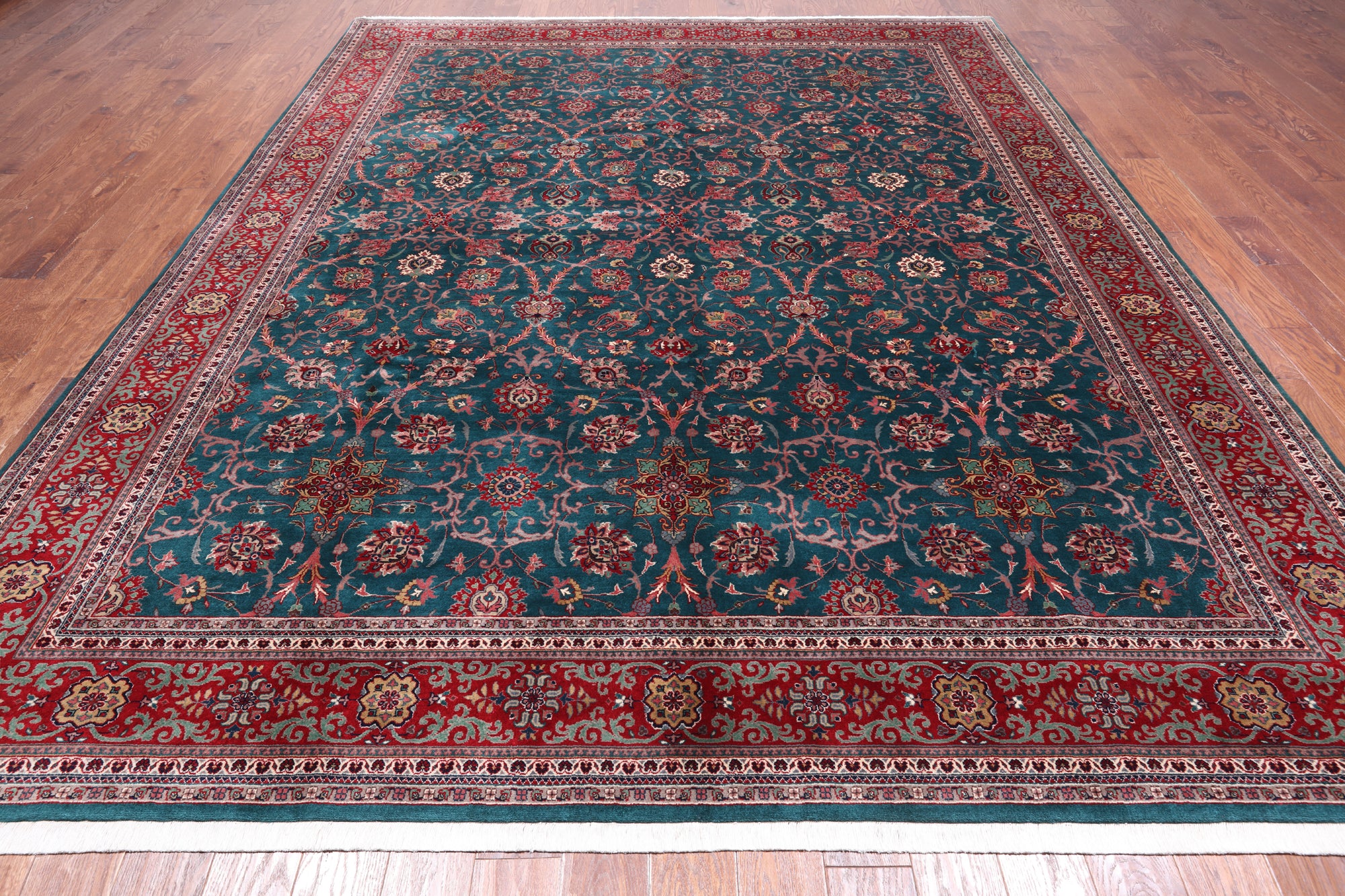 Emerald Green Persian Fine Tabriz Hand Knotted Wool Rug - 9' 4" X 12' 2"