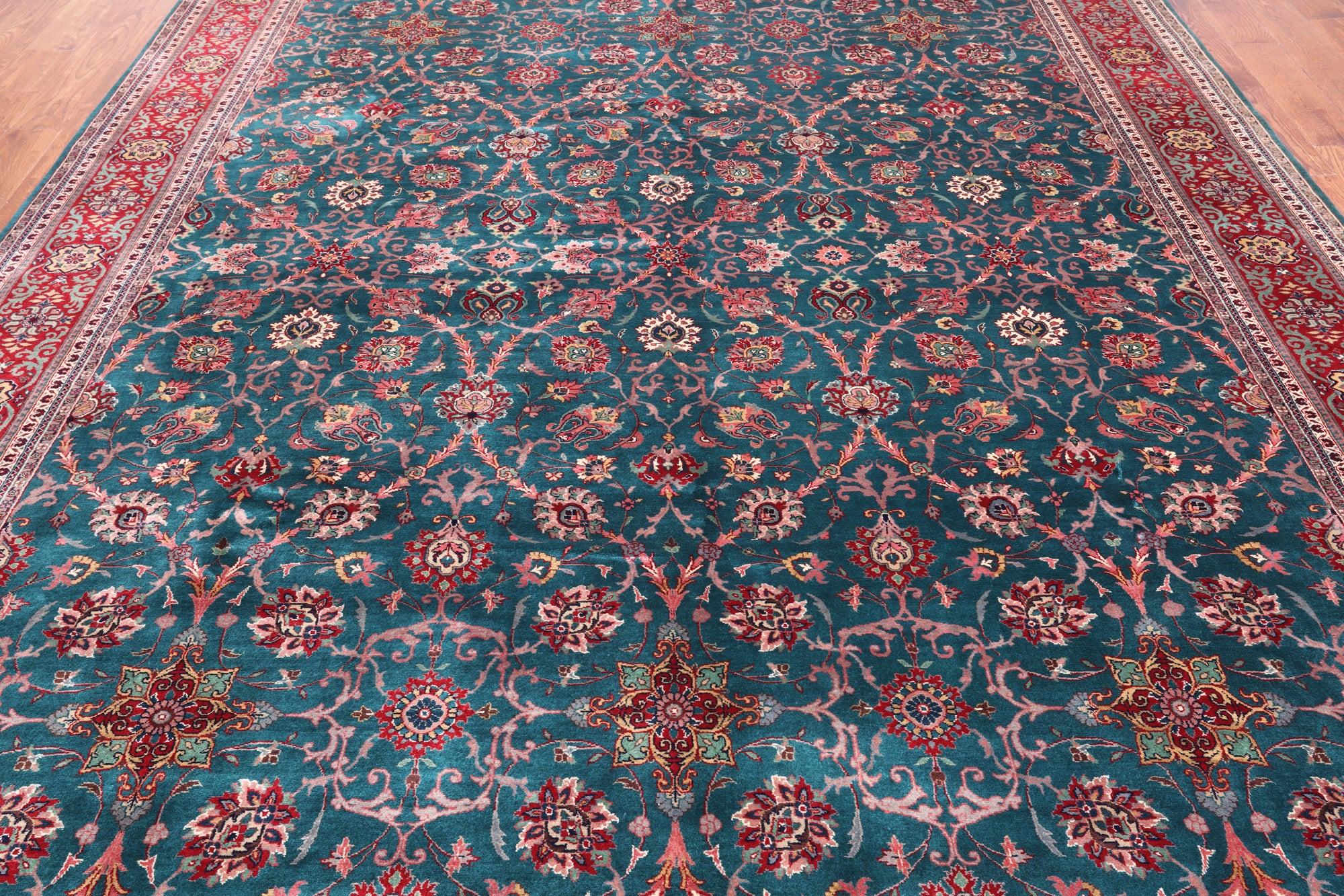 Emerald Green Persian Fine Tabriz Hand Knotted Wool Rug - 9' 4" X 12' 2"