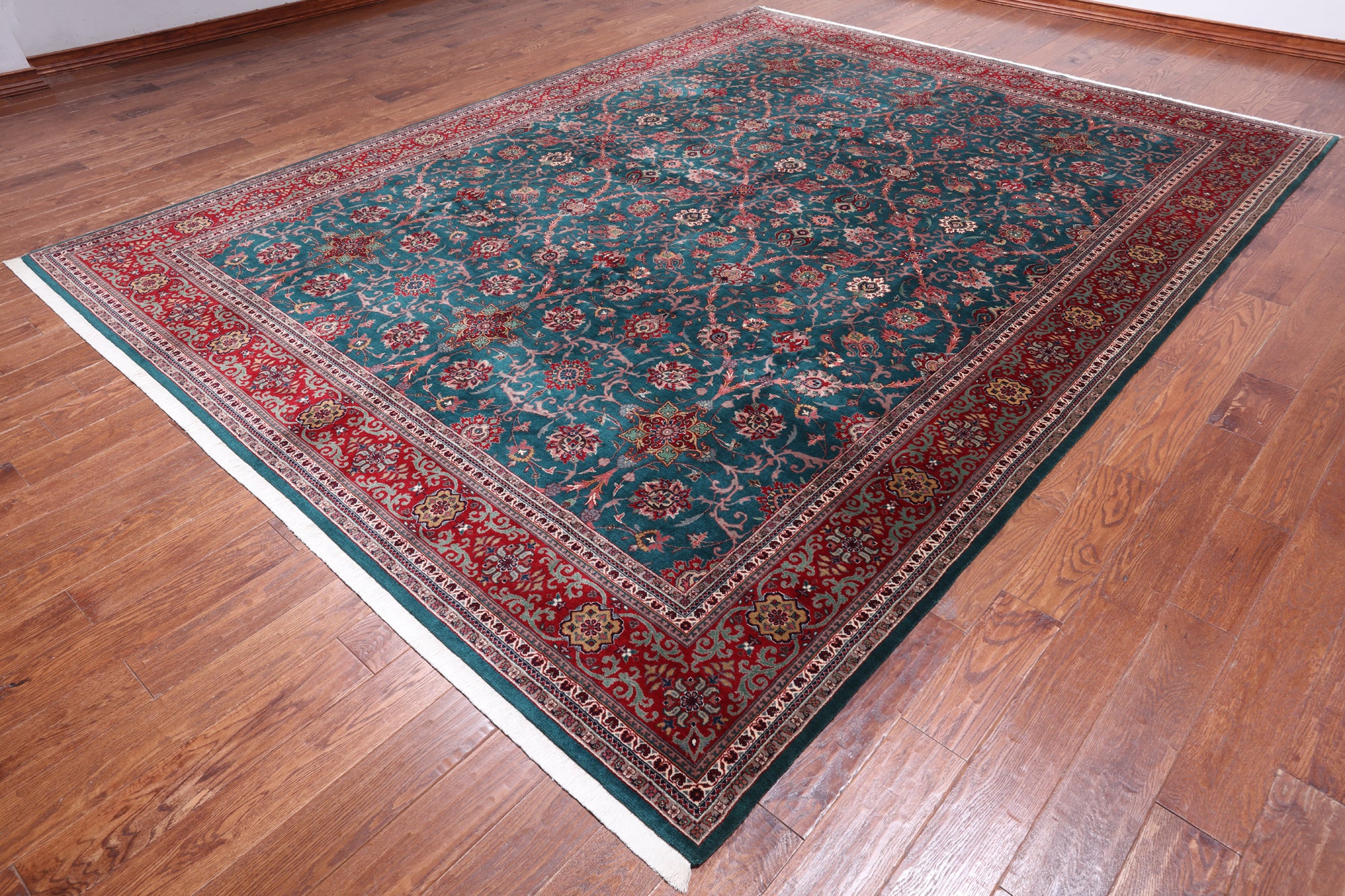 Emerald Green Persian Fine Tabriz Hand Knotted Wool Rug - 9' 4" X 12' 2"
