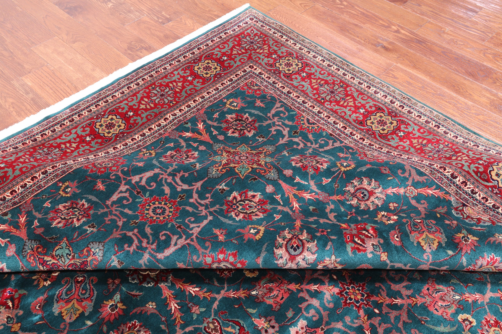 Emerald Green Persian Fine Tabriz Hand Knotted Wool Rug - 9' 4" X 12' 2"