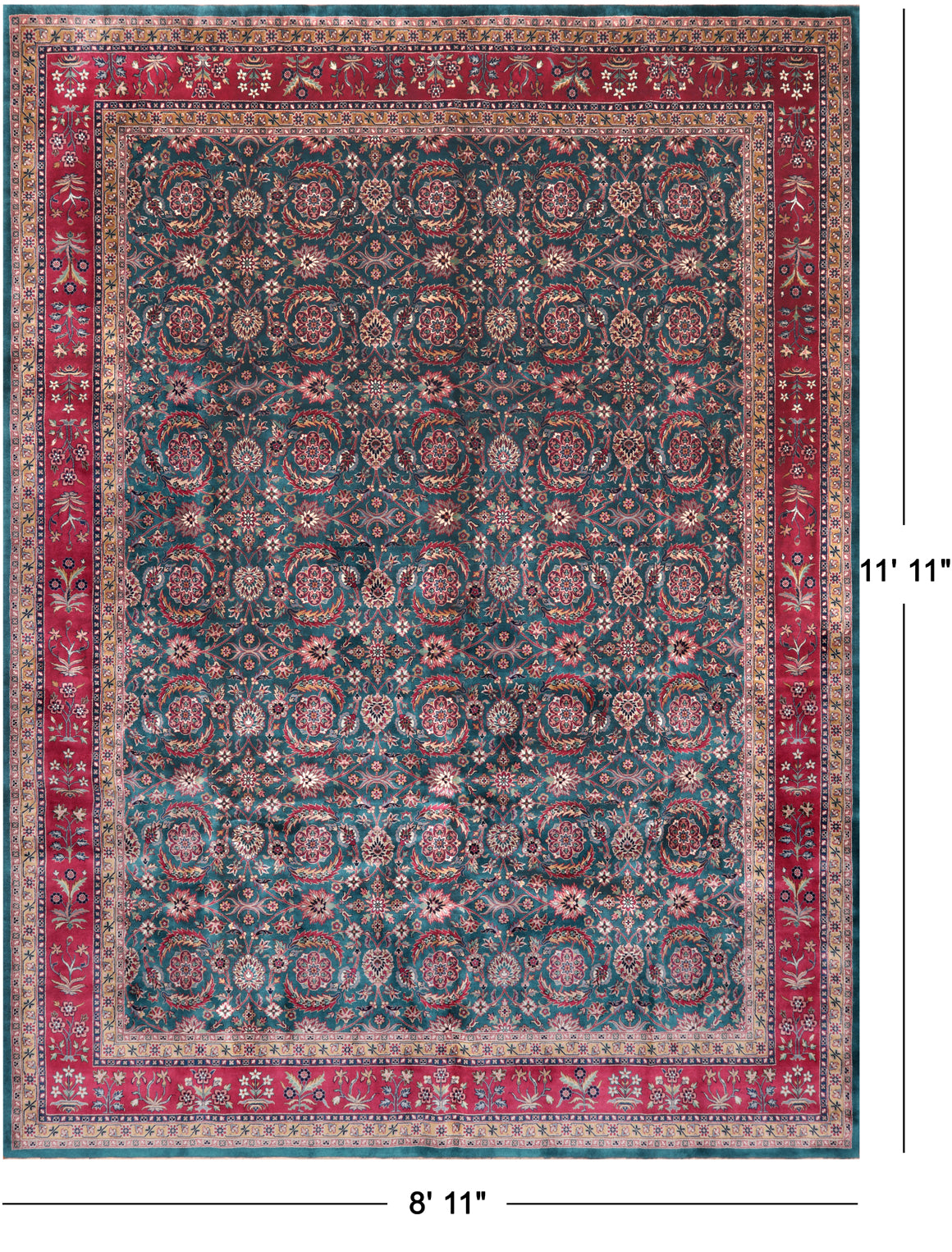 Emerald Green Persian Fine Tabriz Handmade Wool Rug - 8' 11" X 11' 11"