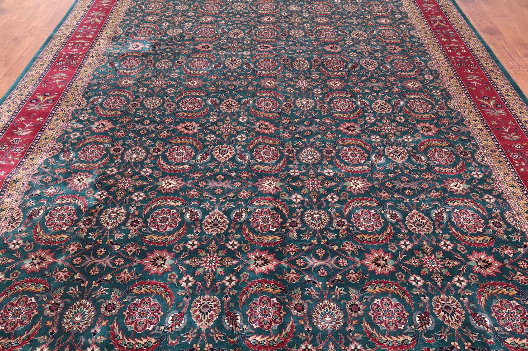 Emerald Green Persian Fine Tabriz Handmade Wool Rug - 8' 11" X 11' 11"