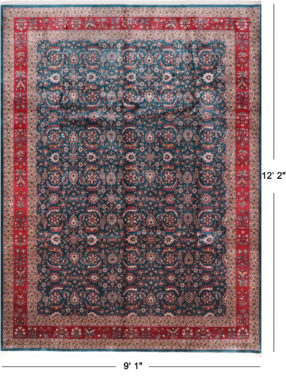 Emerald Green Persian Fine Tabriz Handmade Wool Rug - 9' 1" X 12' 2"