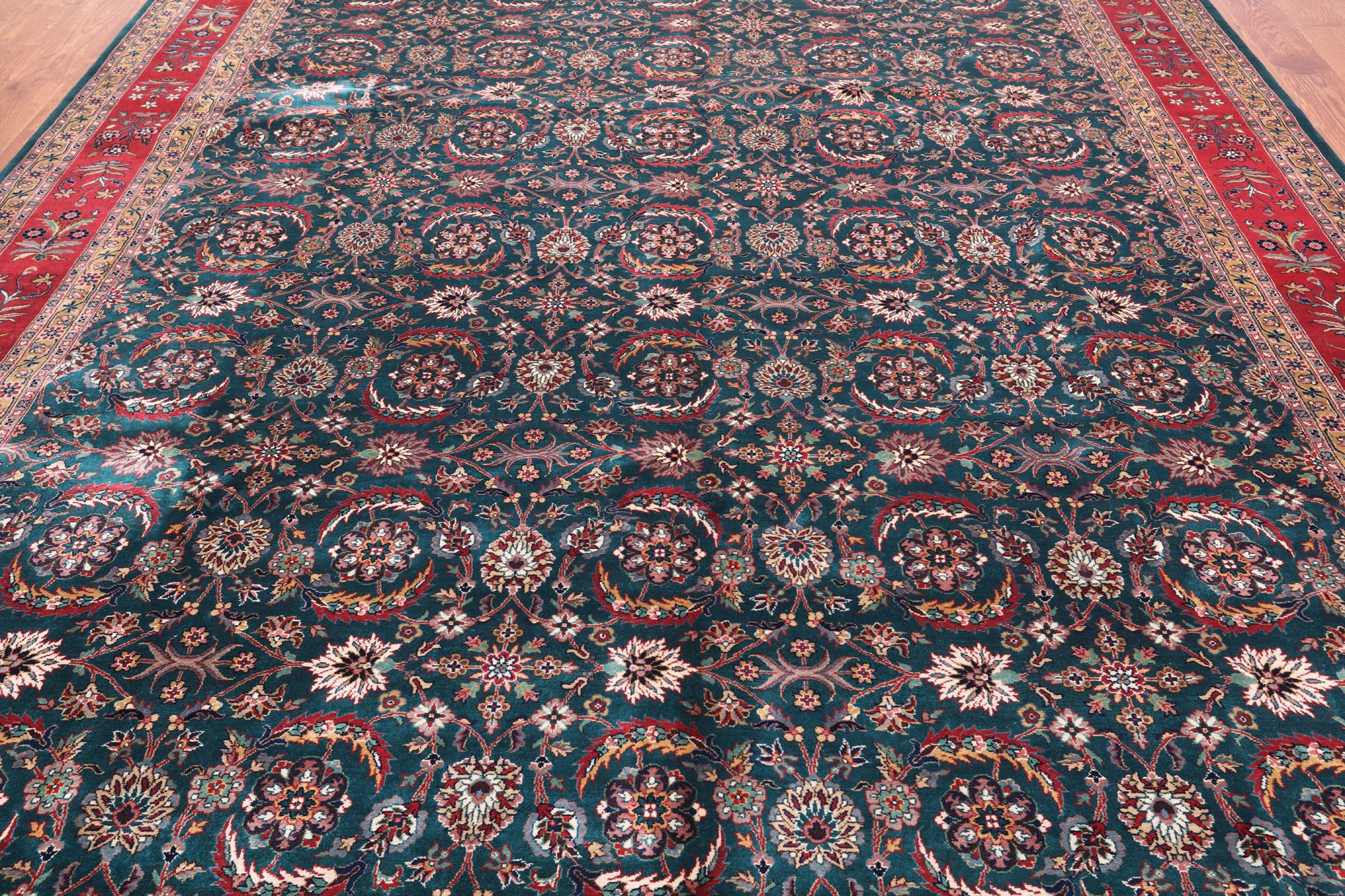 Emerald Green Persian Fine Tabriz Handmade Wool Rug - 9' 1" X 12' 2"