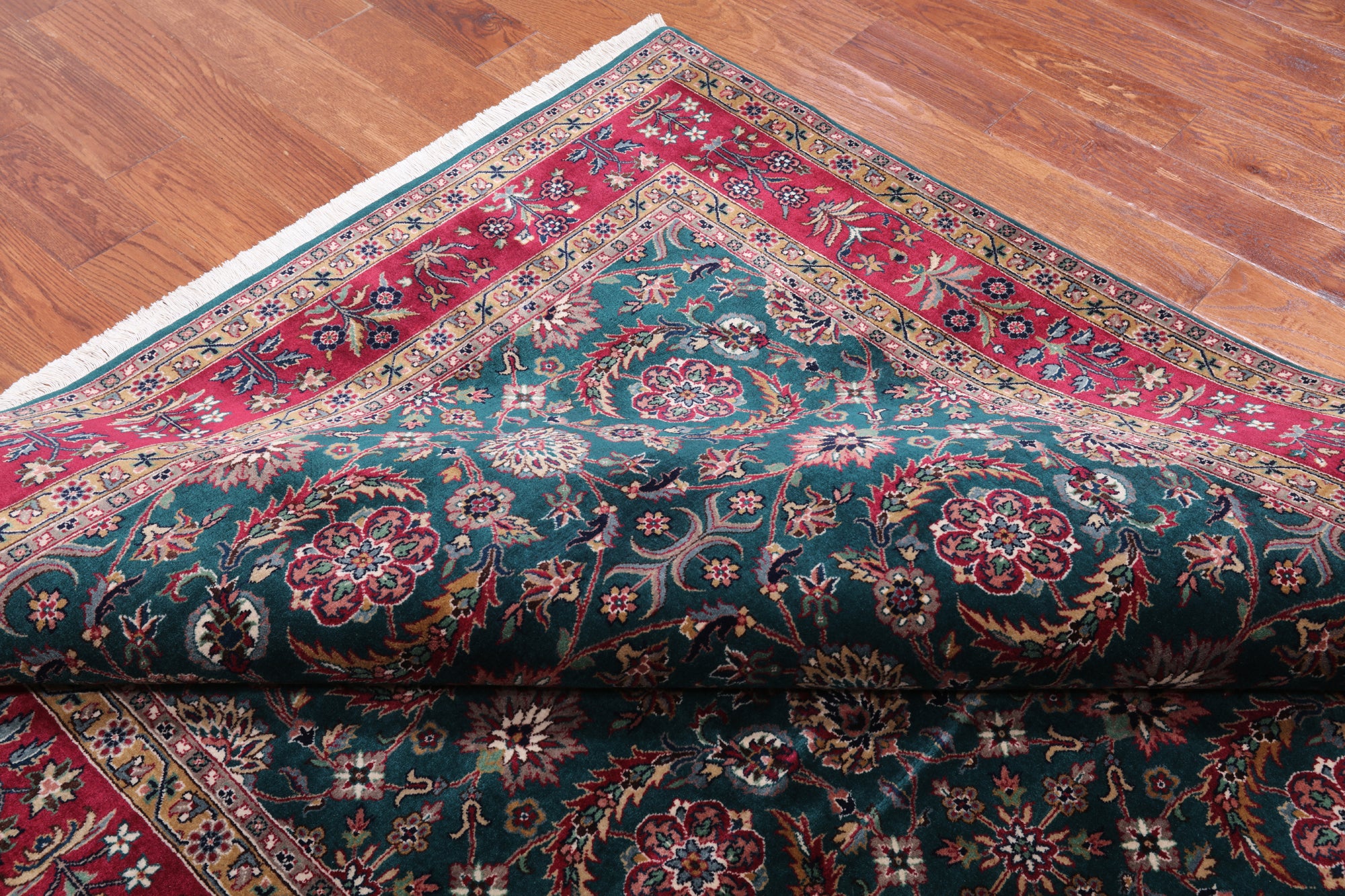 Emerald Green Persian Fine Tabriz Hand Knotted Wool Rug - 6' 4" X 9' 0"