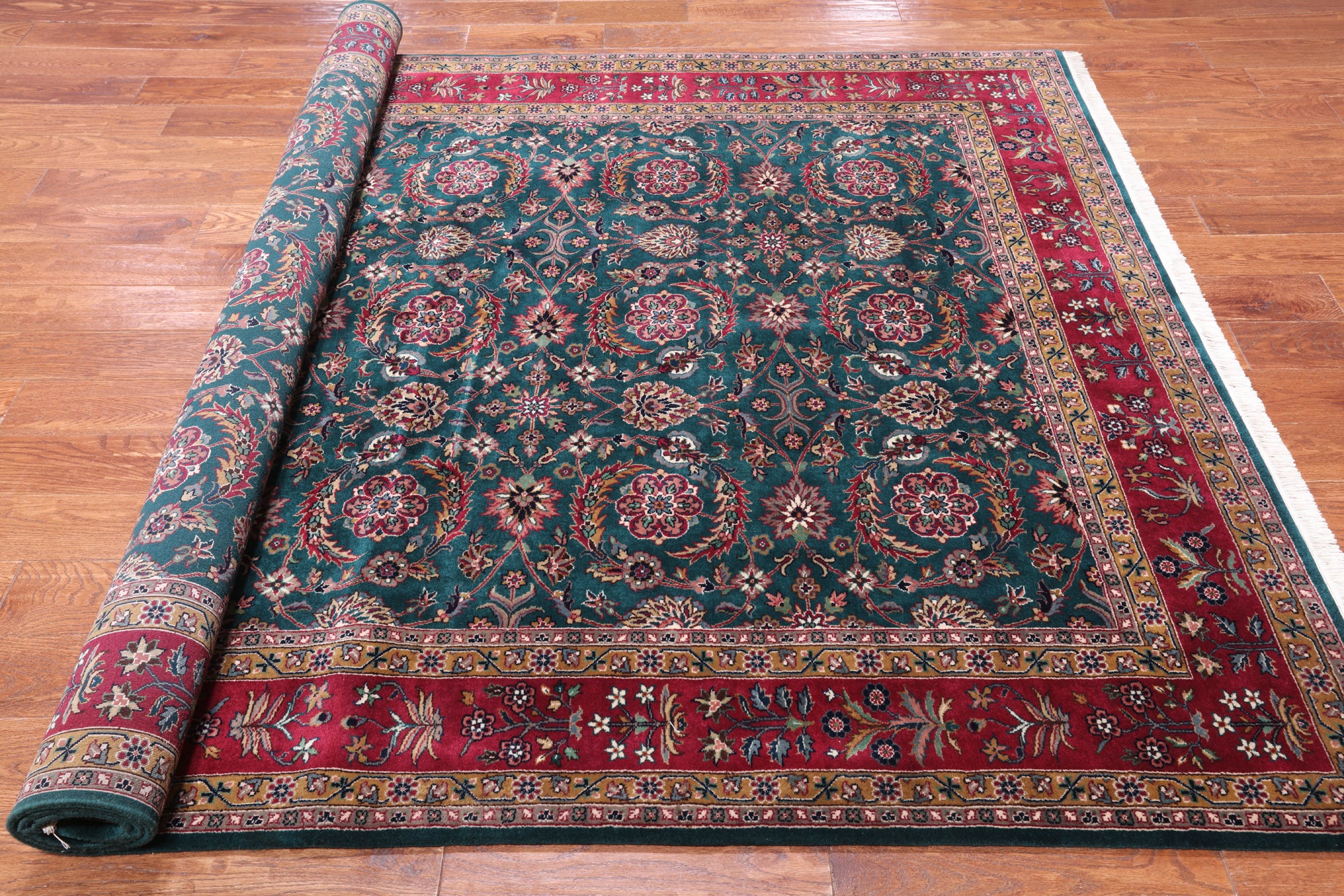 Emerald Green Persian Fine Tabriz Hand Knotted Wool Rug - 6' 4" X 9' 0"