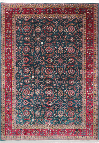 Emerald Green Persian Fine Tabriz Hand Knotted Wool Rug - 6' 4" X 9' 0"