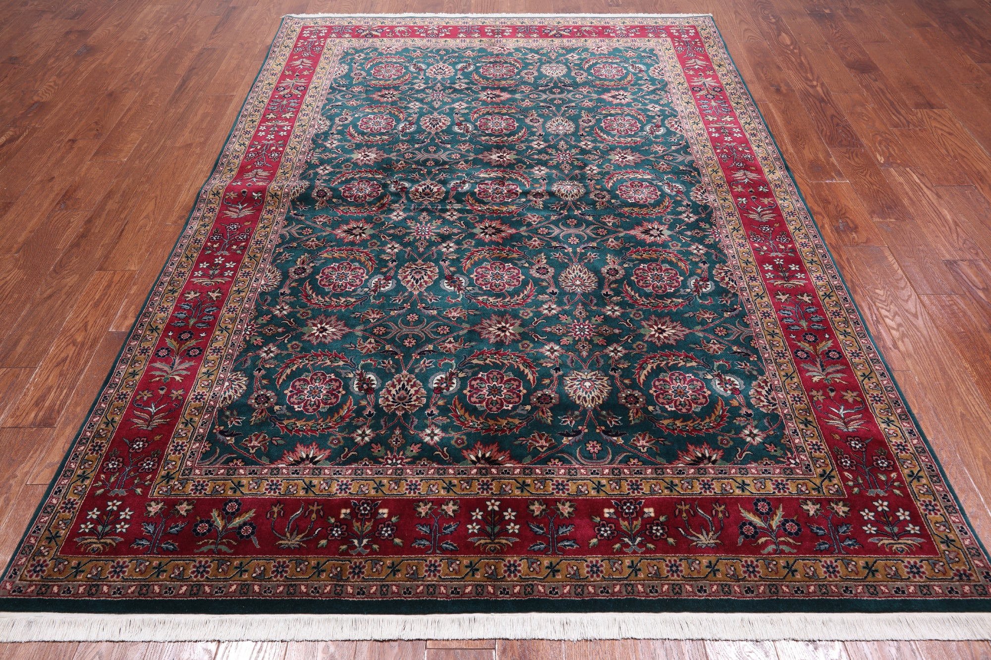 Emerald Green Persian Fine Tabriz Hand Knotted Wool Rug - 6' 4" X 9' 0"