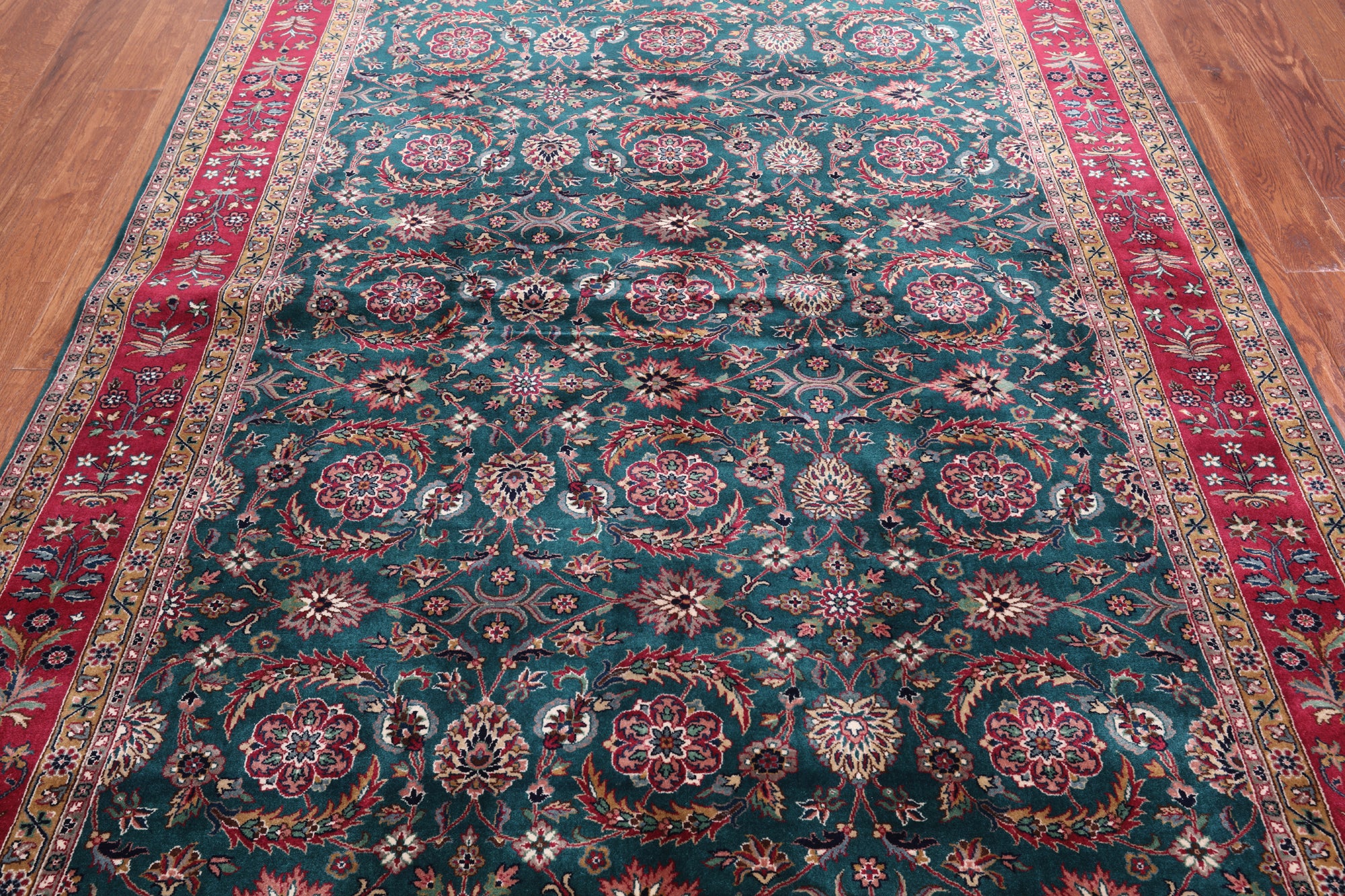 Emerald Green Persian Fine Tabriz Hand Knotted Wool Rug - 6' 4" X 9' 0"