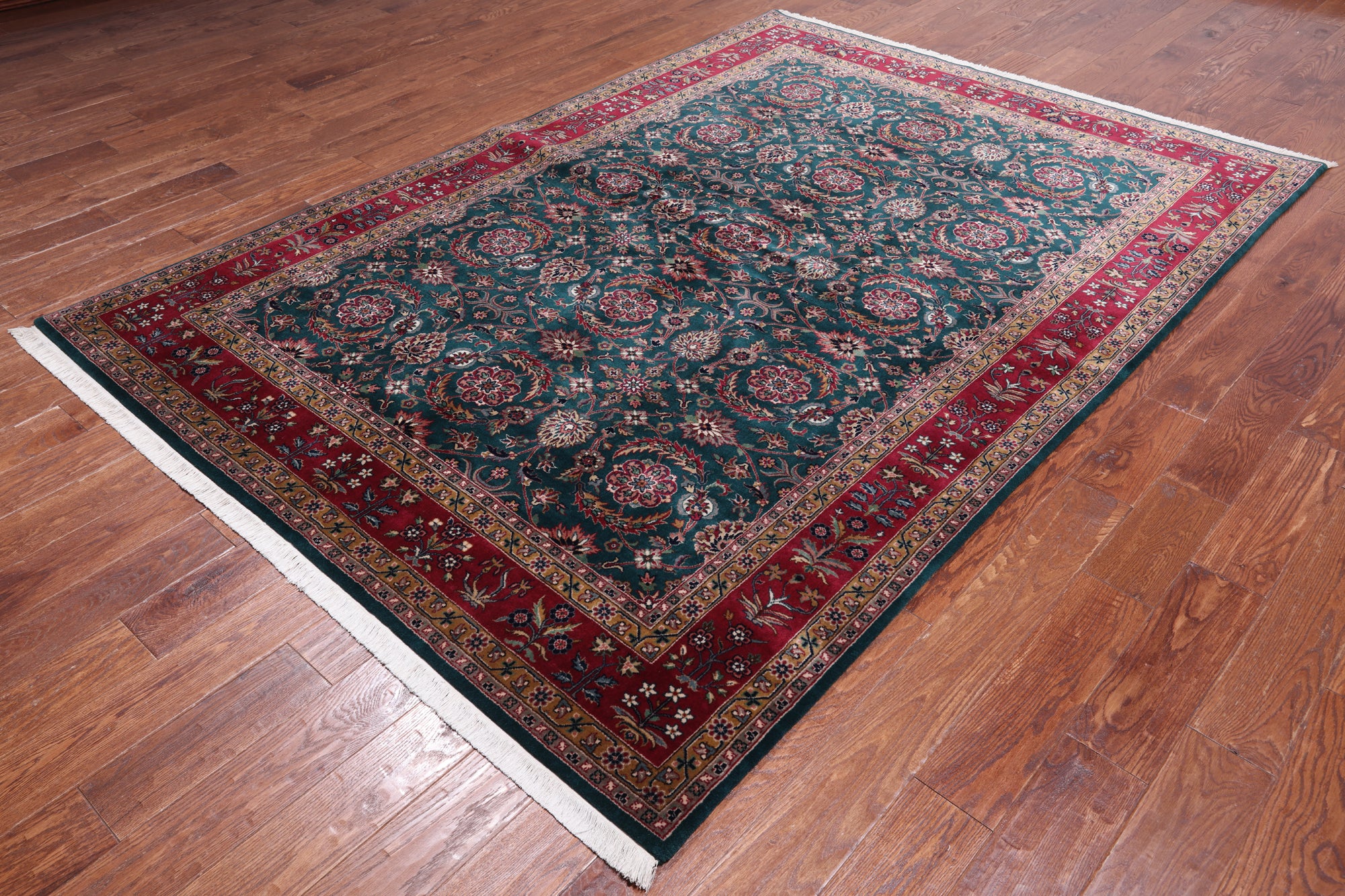 Emerald Green Persian Fine Tabriz Hand Knotted Wool Rug - 6' 4" X 9' 0"