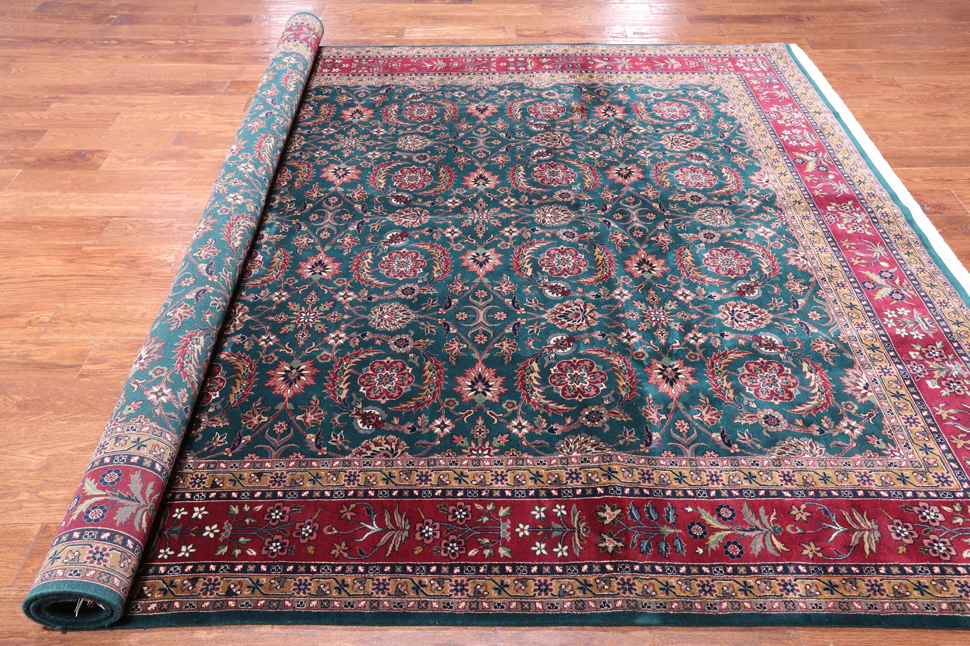 Emerald Green Persian Fine Tabriz Hand-Knotted Wool Rug - 7' 11" X 9' 9"