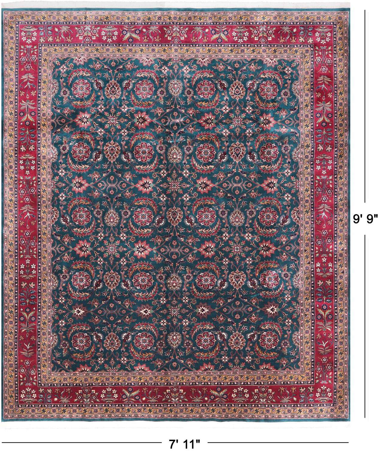 Emerald Green Persian Fine Tabriz Hand-Knotted Wool Rug - 7' 11" X 9' 9"