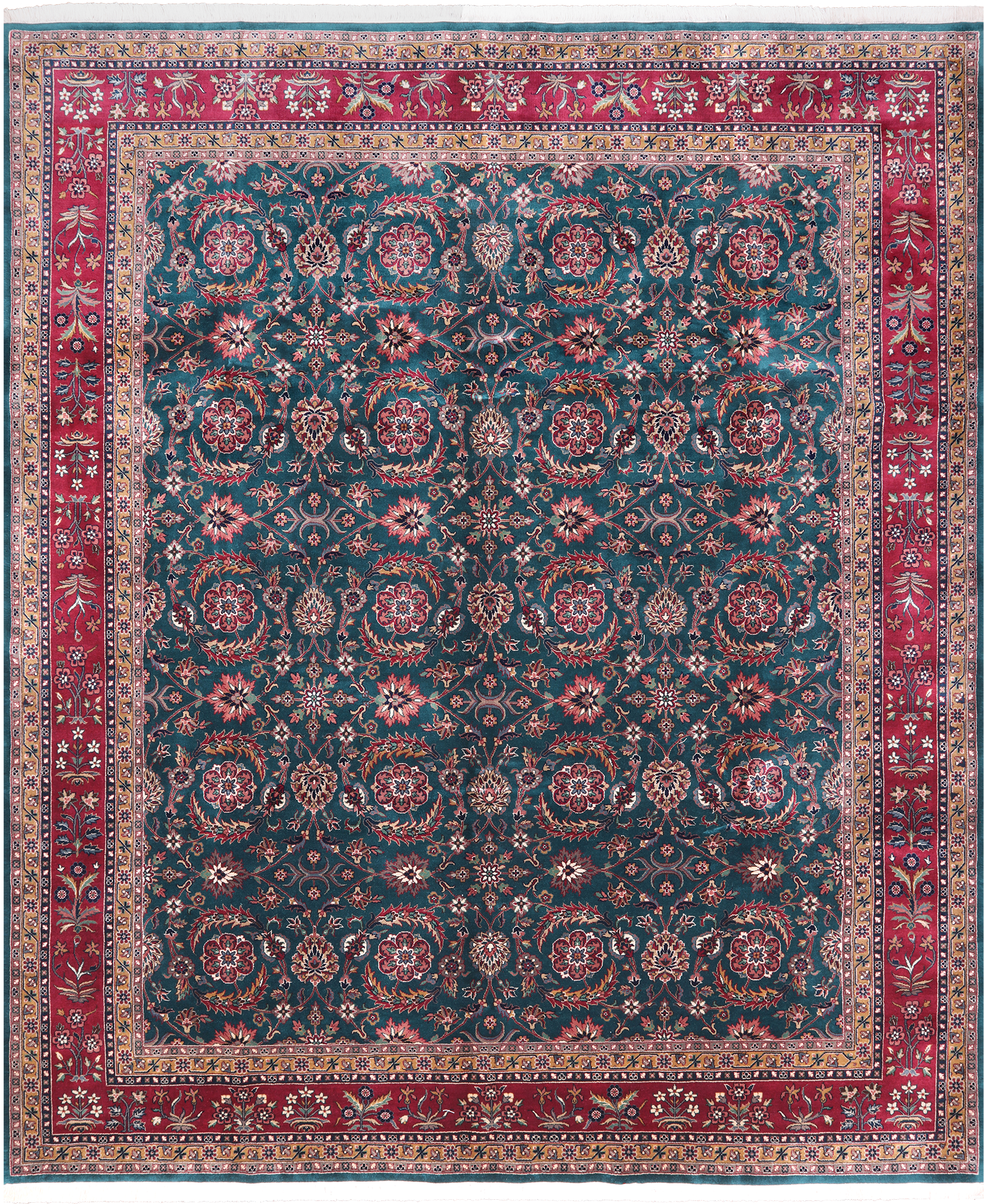 Emerald Green Persian Fine Tabriz Hand-Knotted Wool Rug - 7' 11" X 9' 9"