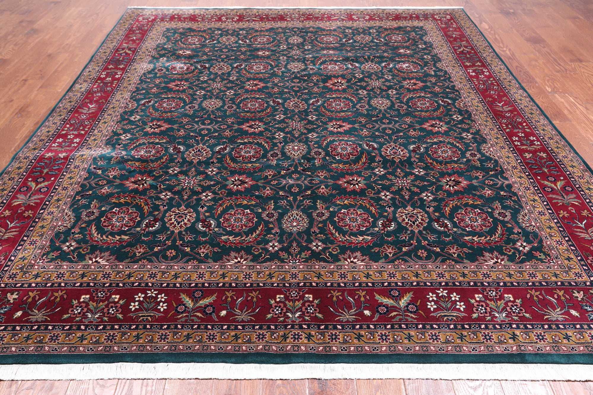 Emerald Green Persian Fine Tabriz Hand-Knotted Wool Rug - 7' 11" X 9' 9"