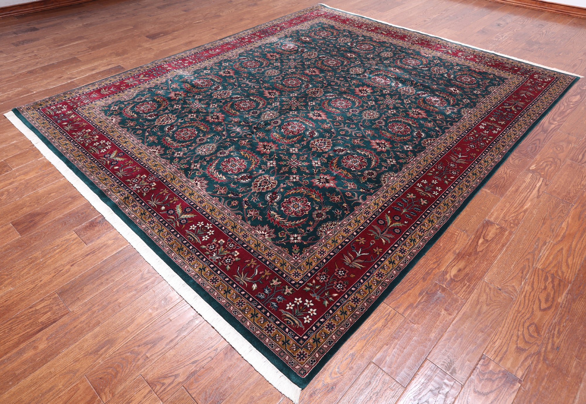 Emerald Green Persian Fine Tabriz Hand-Knotted Wool Rug - 7' 11" X 9' 9"