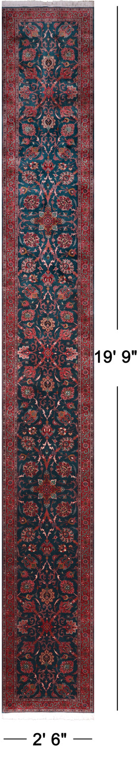 Emerald Green Persian Fine Tabriz Handmade Wool Runner Rug - 2' 6" X 19' 9"