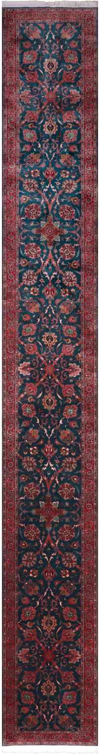 Emerald Green Persian Fine Tabriz Handmade Wool Runner Rug - 2' 6" X 19' 9"