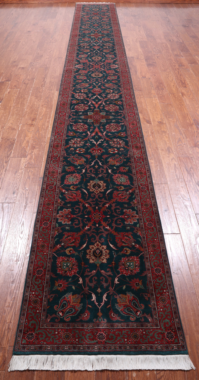 Emerald Green Persian Fine Tabriz Handmade Wool Runner Rug - 2' 6" X 19' 9"