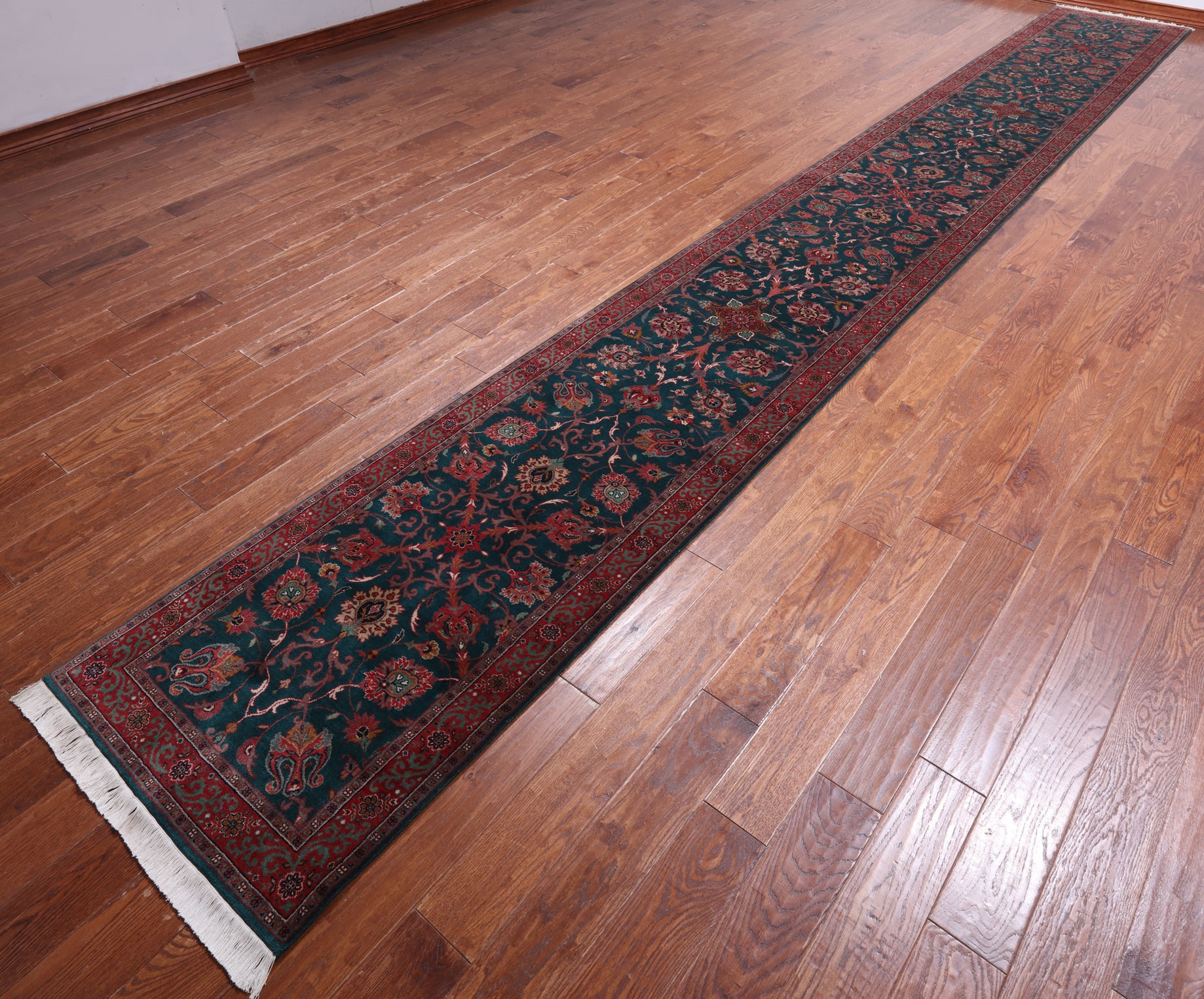Emerald Green Persian Fine Tabriz Handmade Wool Runner Rug - 2' 6" X 19' 9"