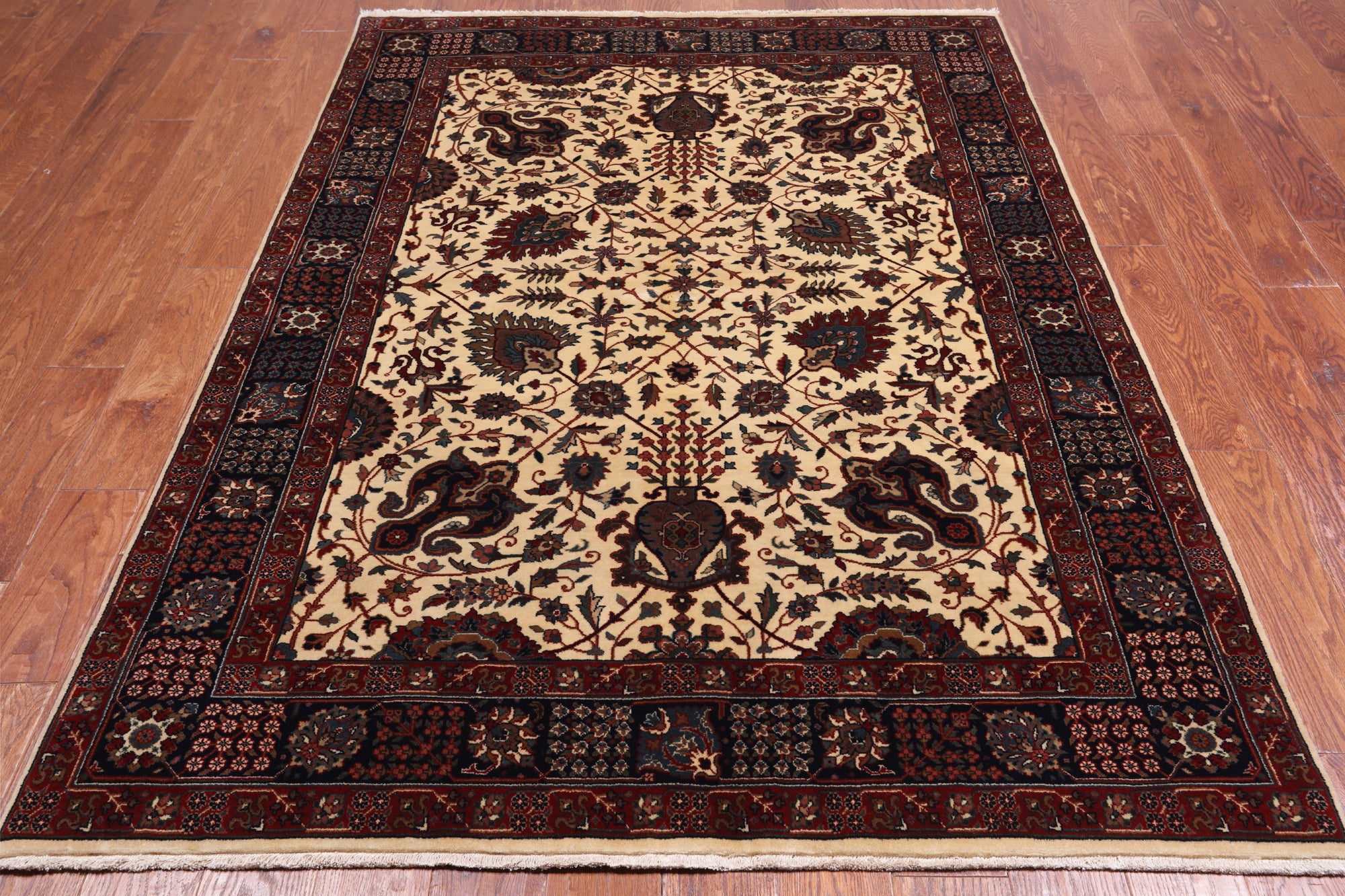 Beige/Navy Persian Fine Tabriz Hand Knotted Wool Rug - 5' 0" X 7' 3"