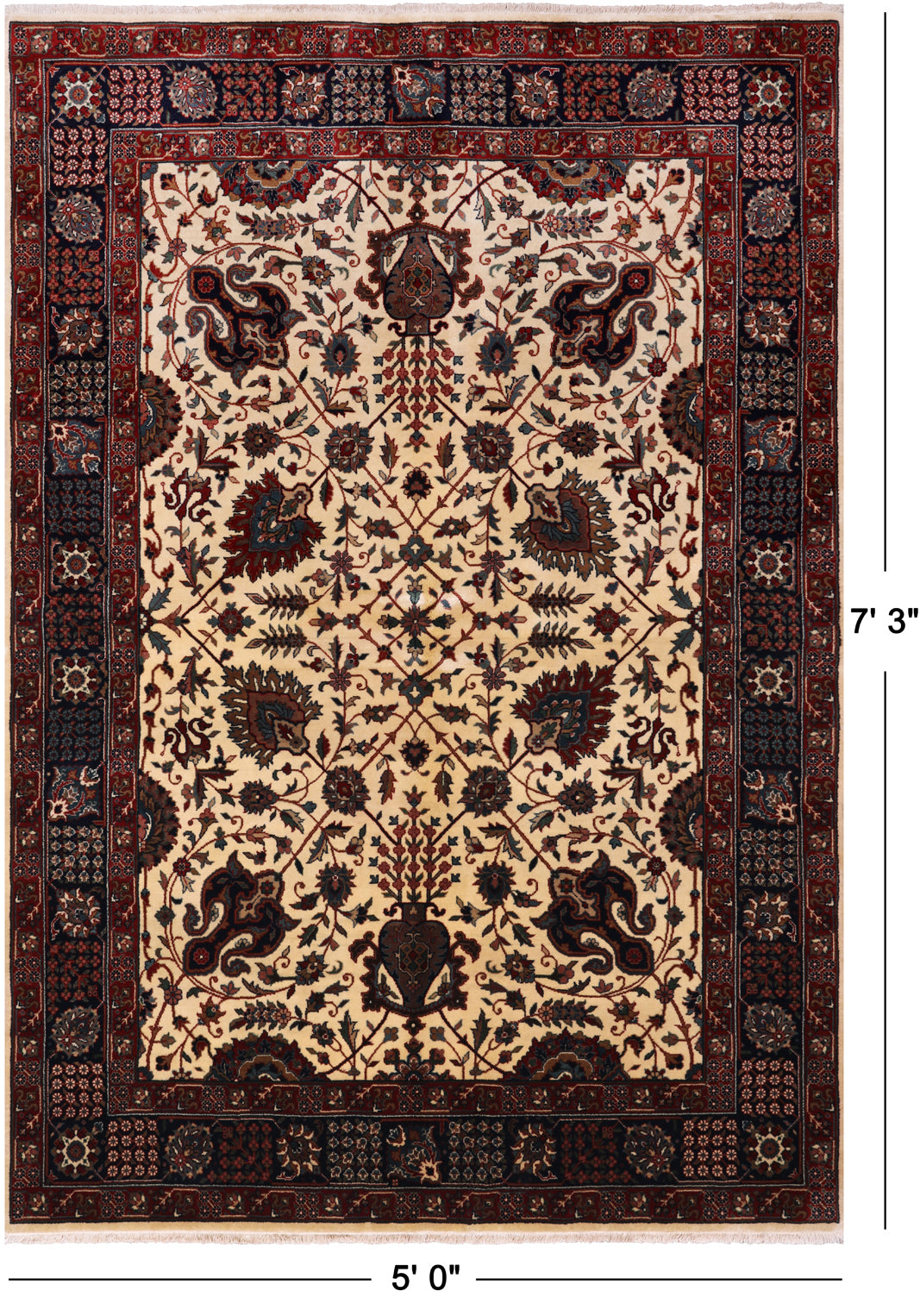 Beige/Navy Persian Fine Tabriz Hand Knotted Wool Rug - 5' 0" X 7' 3"