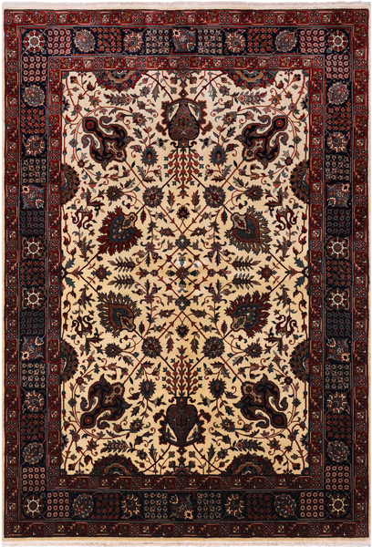Beige/Navy Persian Fine Tabriz Hand Knotted Wool Rug - 5' 0" X 7' 3"