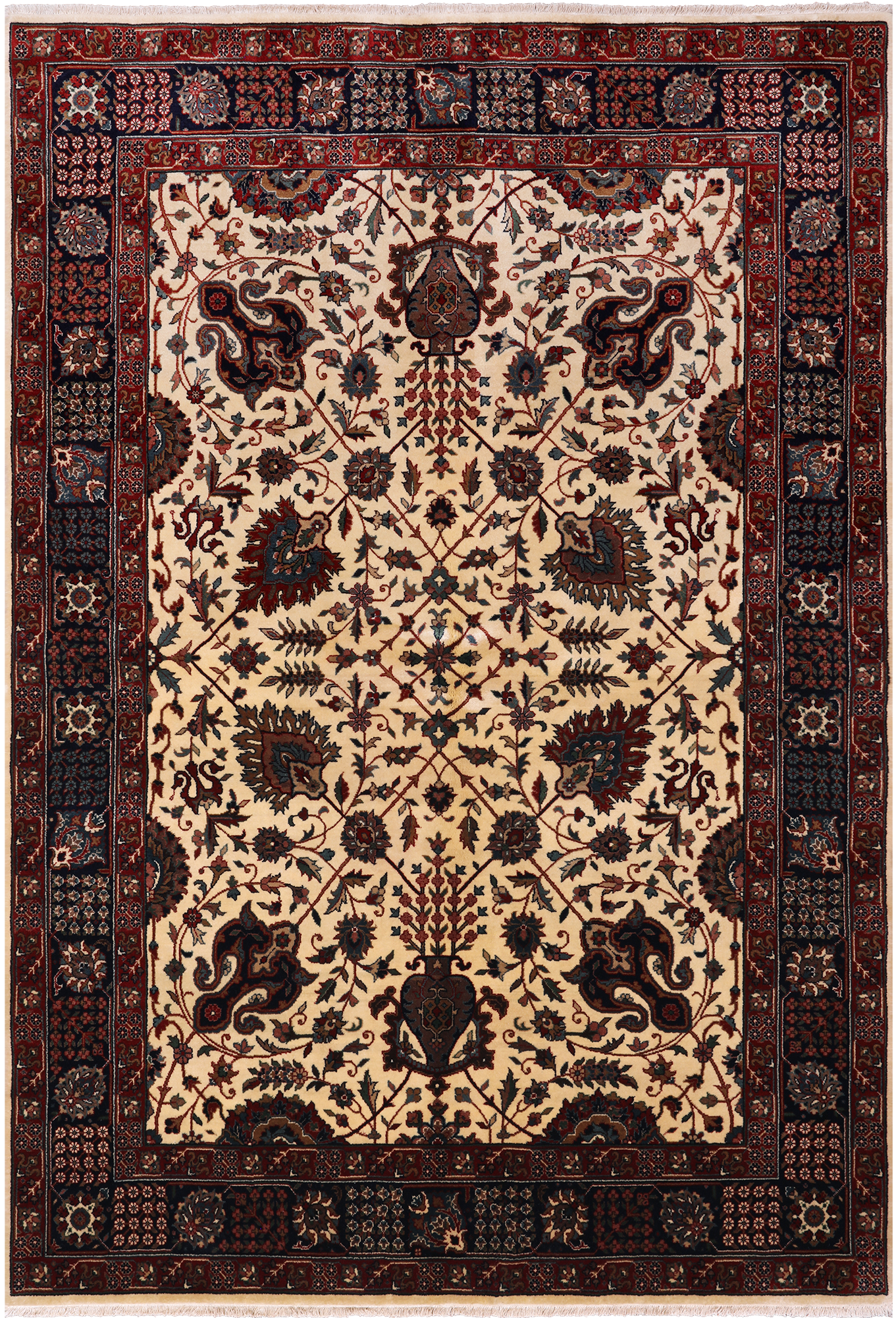 Beige/Navy Persian Fine Tabriz Hand Knotted Wool Rug - 5' 0" X 7' 3"