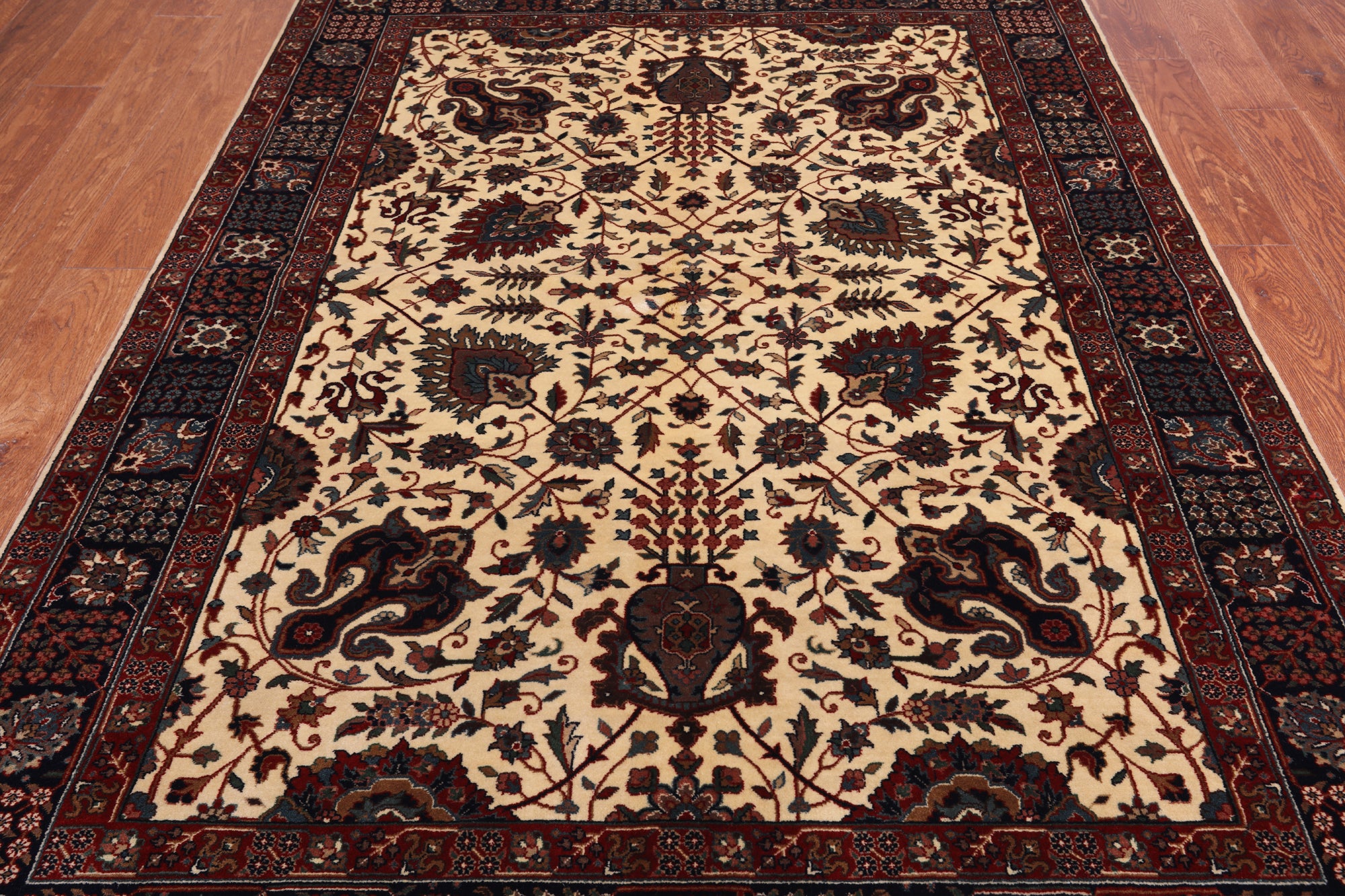 Beige/Navy Persian Fine Tabriz Hand Knotted Wool Rug - 5' 0" X 7' 3"