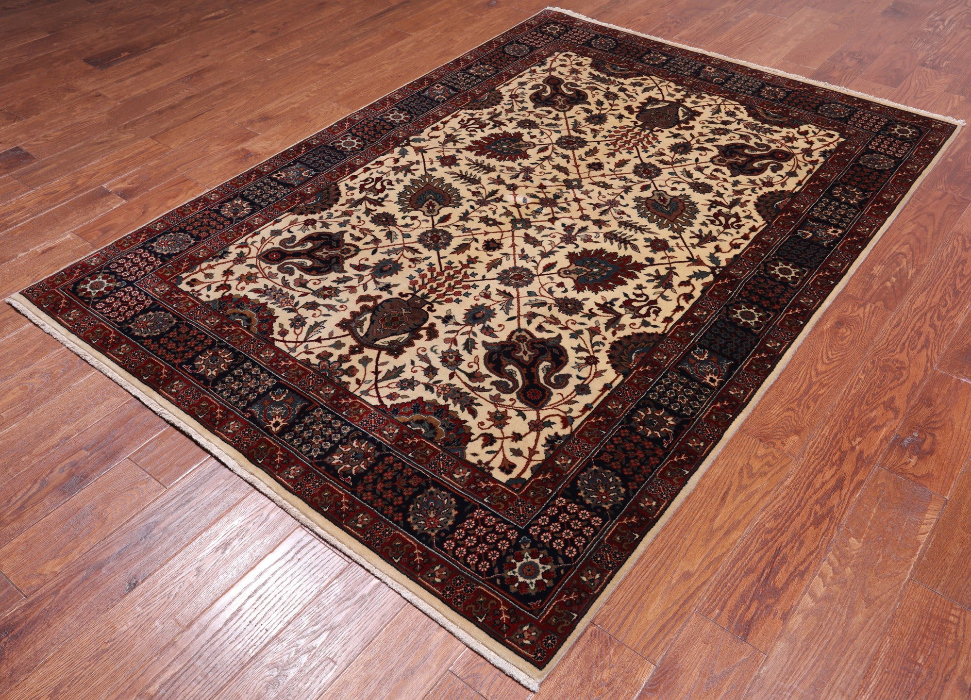 Beige/Navy Persian Fine Tabriz Hand Knotted Wool Rug - 5' 0" X 7' 3"