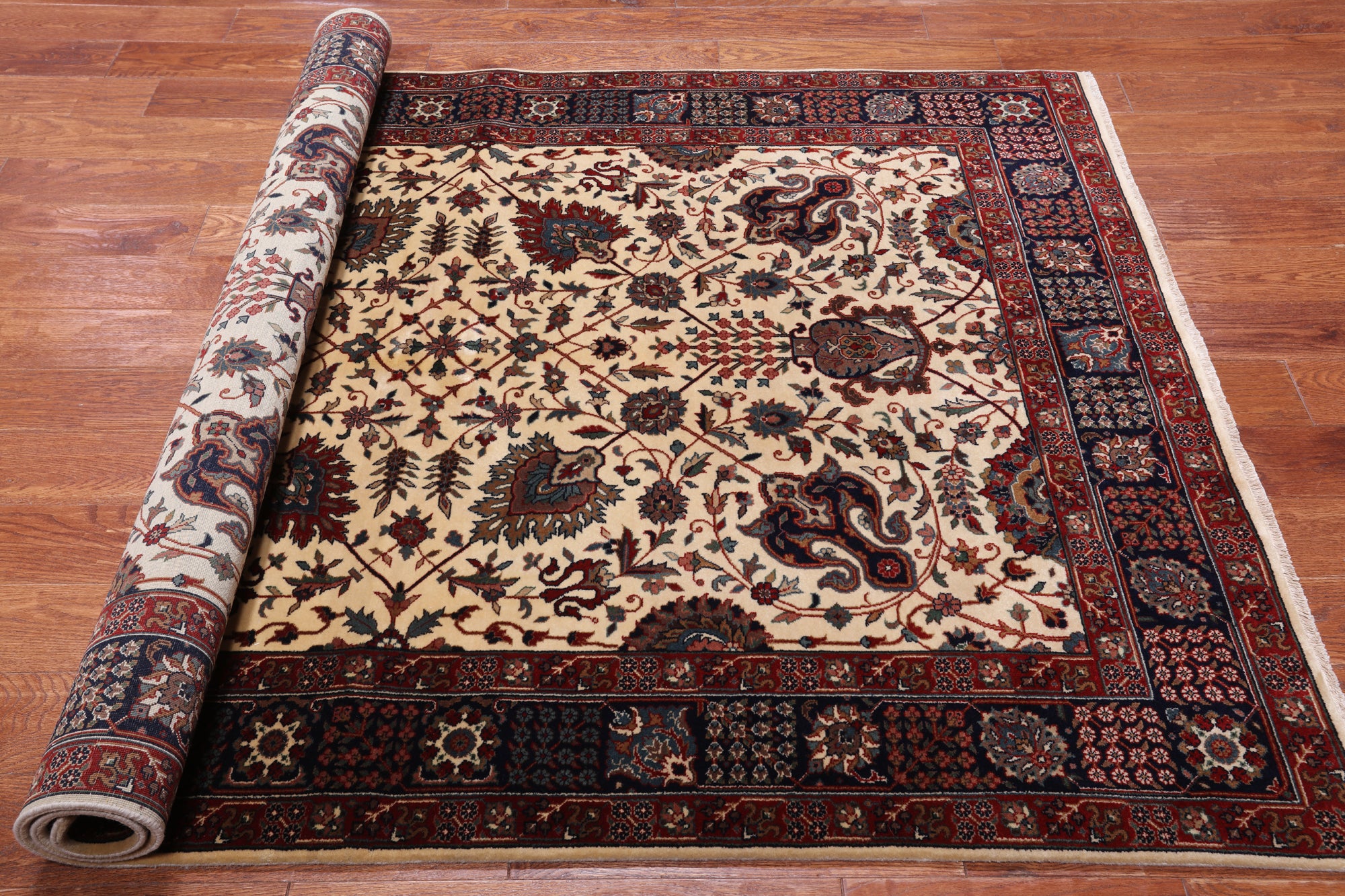 Beige/Navy Persian Fine Tabriz Hand Knotted Wool Rug - 5' 0" X 7' 3"
