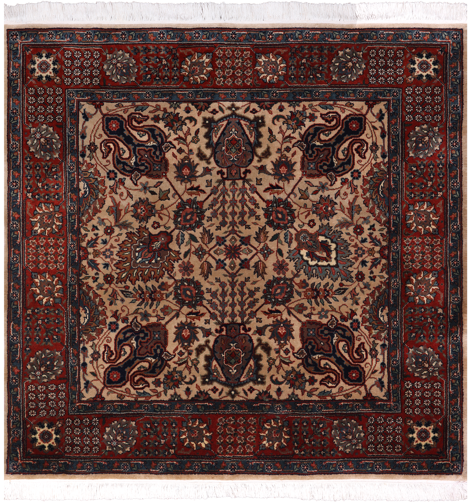 Khaki Square Persian Fine Tabriz Hand-Knotted Wool Rug - 4' 0" X 4' 1"