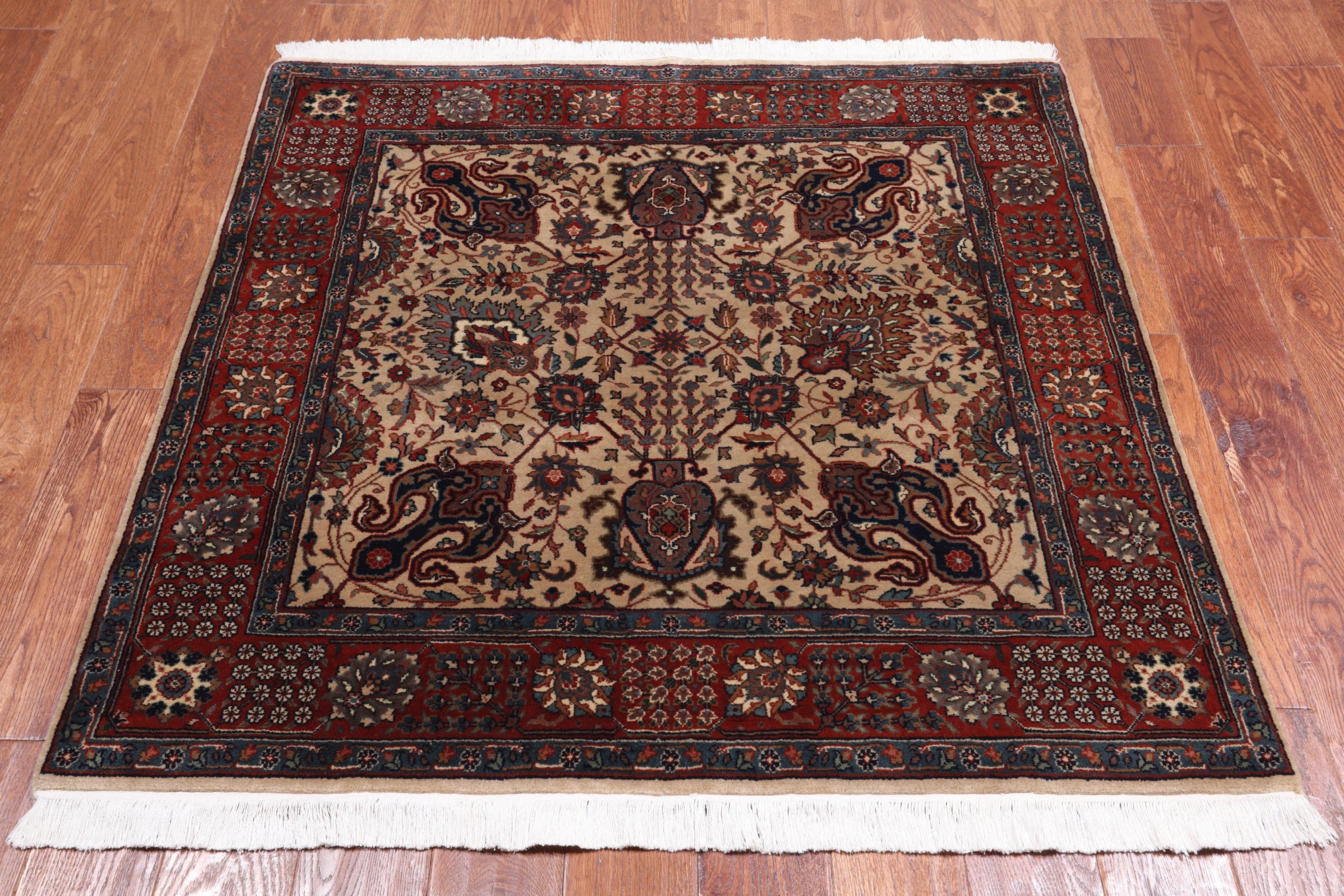 Khaki Square Persian Fine Tabriz Hand-Knotted Wool Rug - 4' 0" X 4' 1"
