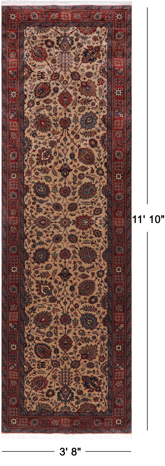 Khaki Persian Fine Tabriz Handmade Wool Runner Rug - 3' 8" X 11' 10"