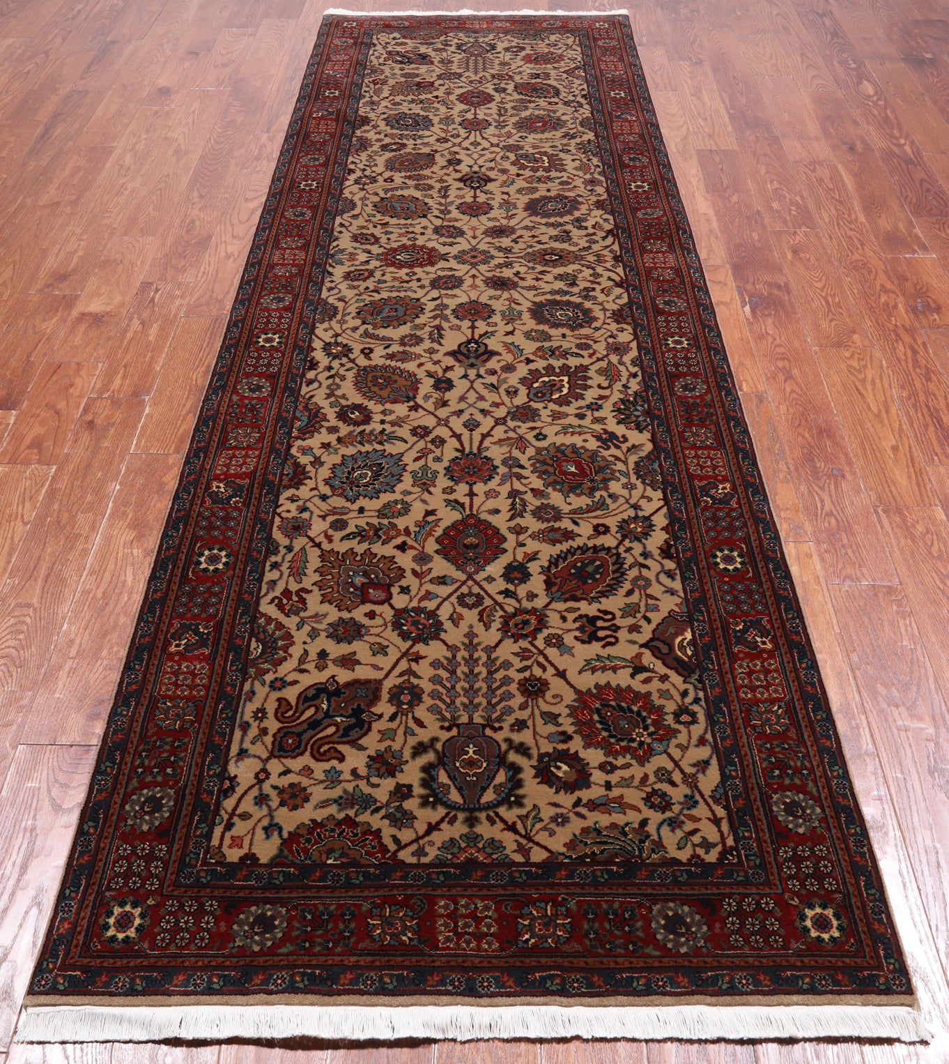 Khaki Persian Fine Tabriz Handmade Wool Runner Rug - 3' 8" X 11' 10"