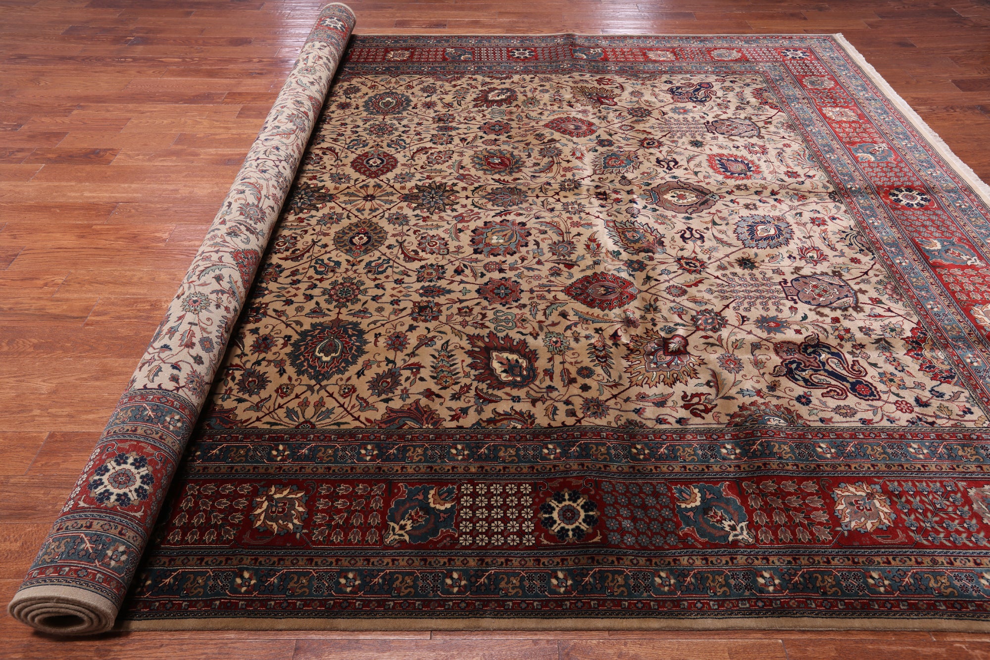 Khaki Persian Fine Tabriz Hand-Knotted Wool Rug - 10' 3" X 14' 2"