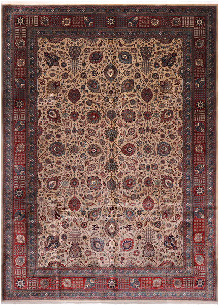 Khaki Persian Fine Tabriz Hand-Knotted Wool Rug - 10' 3" X 14' 2"