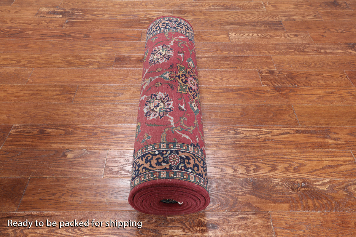 Wine/Navy Persian Fine Tabriz Hand Knotted Wool Runner Rug - 3' 0" X 10' 10"