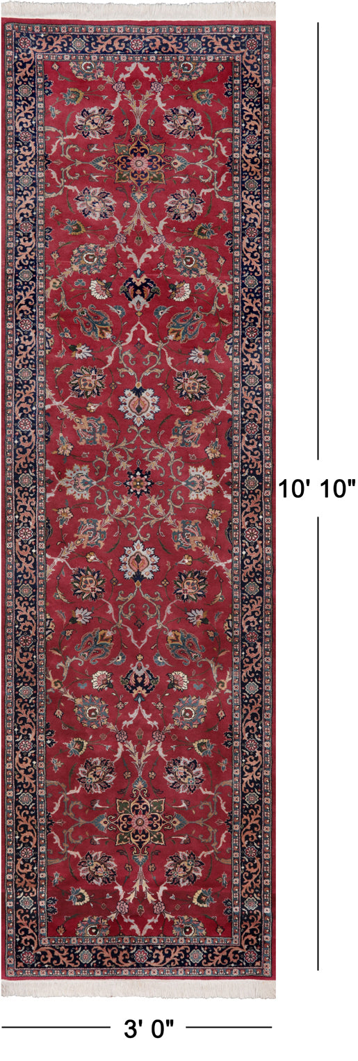 Wine/Navy Persian Fine Tabriz Hand Knotted Wool Runner Rug - 3' 0" X 10' 10"