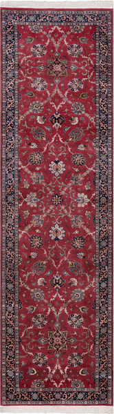 Wine/Navy Persian Fine Tabriz Hand Knotted Wool Runner Rug - 3' 0" X 10' 10"