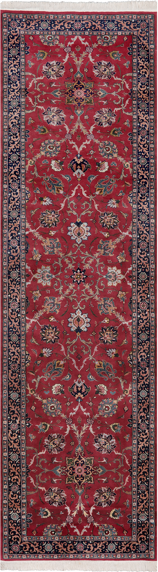 Wine/Navy Persian Fine Tabriz Hand Knotted Wool Runner Rug - 3' 0" X 10' 10"