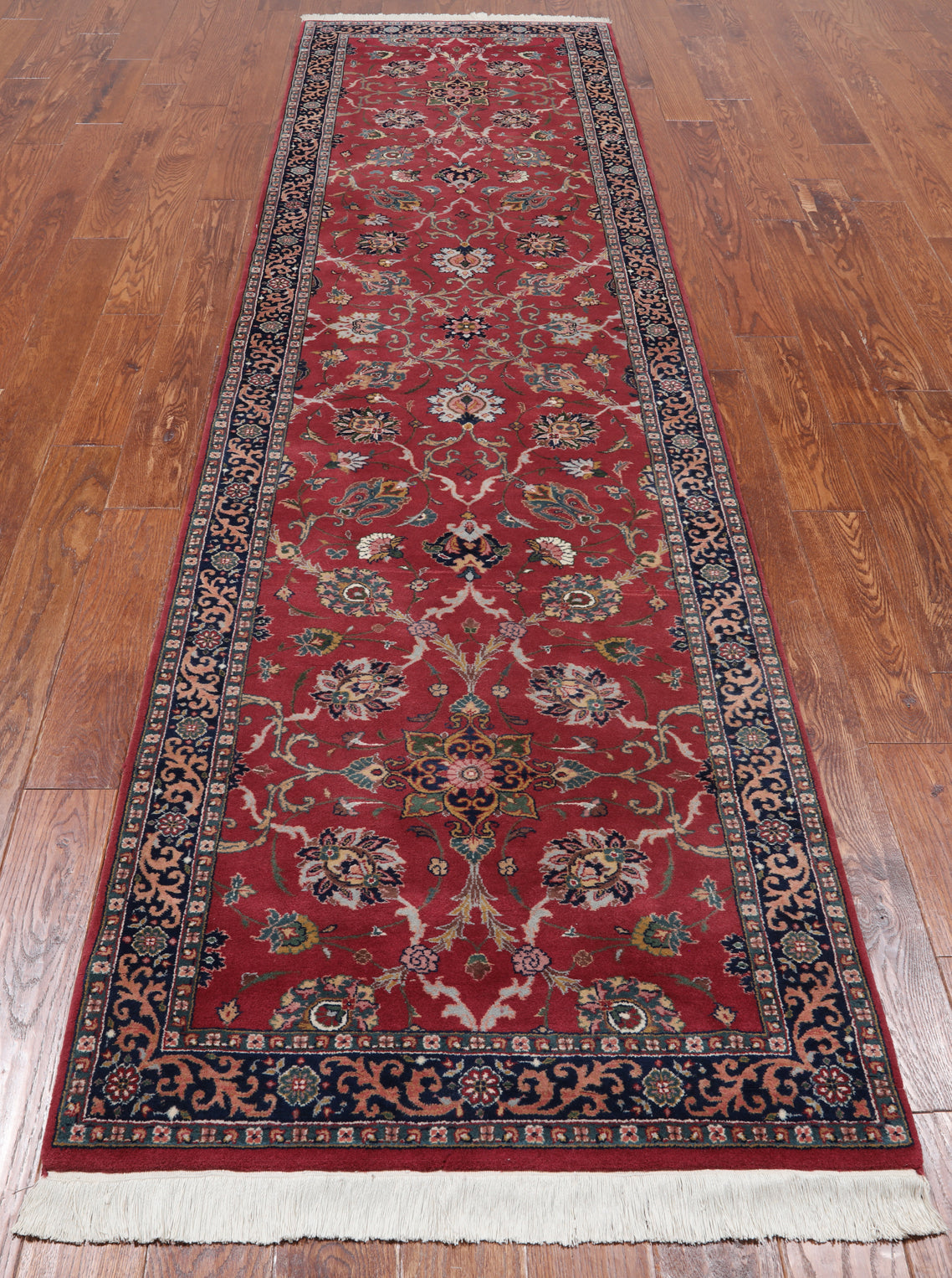 Wine/Navy Persian Fine Tabriz Hand Knotted Wool Runner Rug - 3' 0" X 10' 10"
